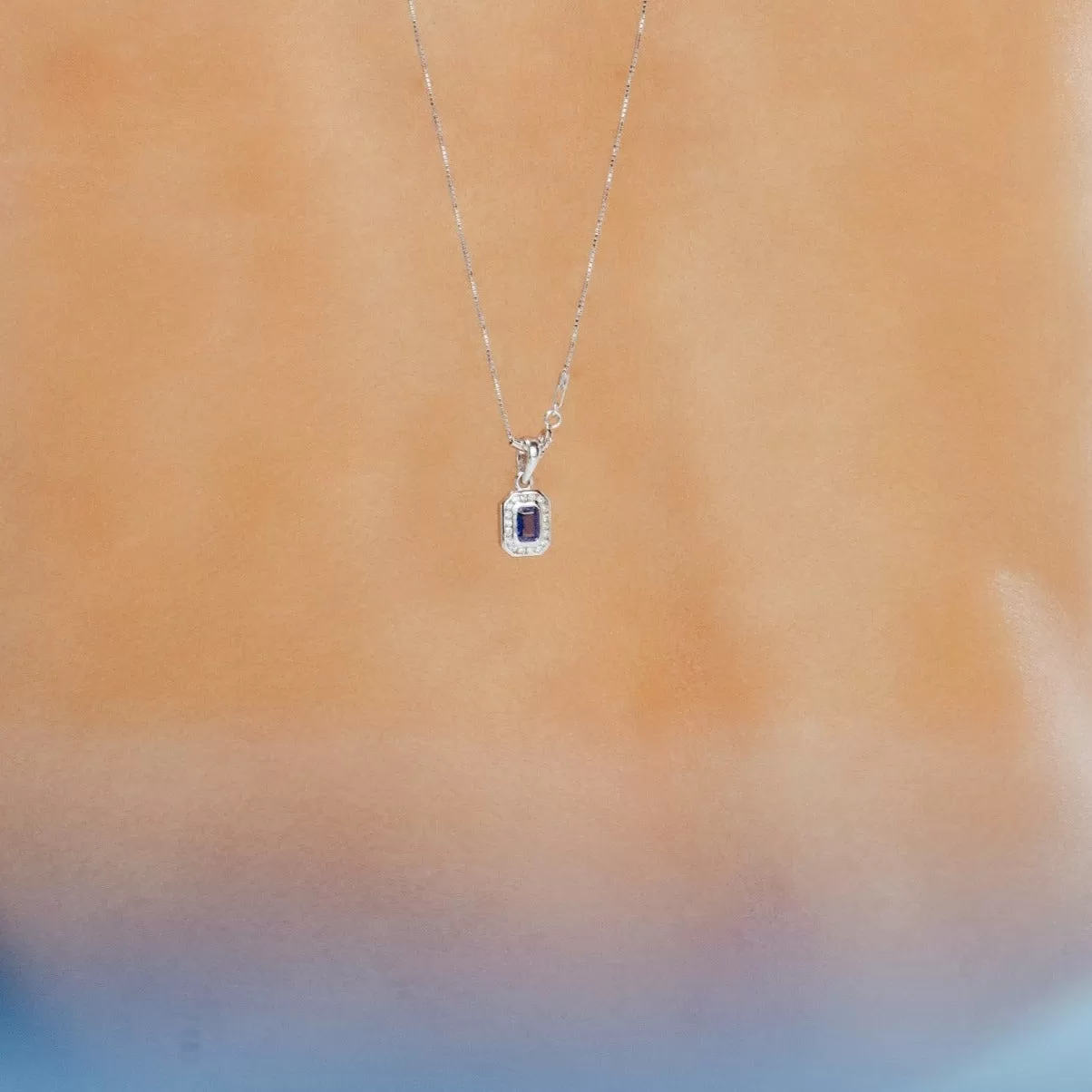 14K Gold Blue Sapphire Halo Diamond Pendant