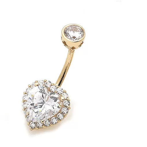 18K Solid Gold Cz Heart Top Bottom Healed Male Belly Bar Button Ring Piercing Women Jewelry