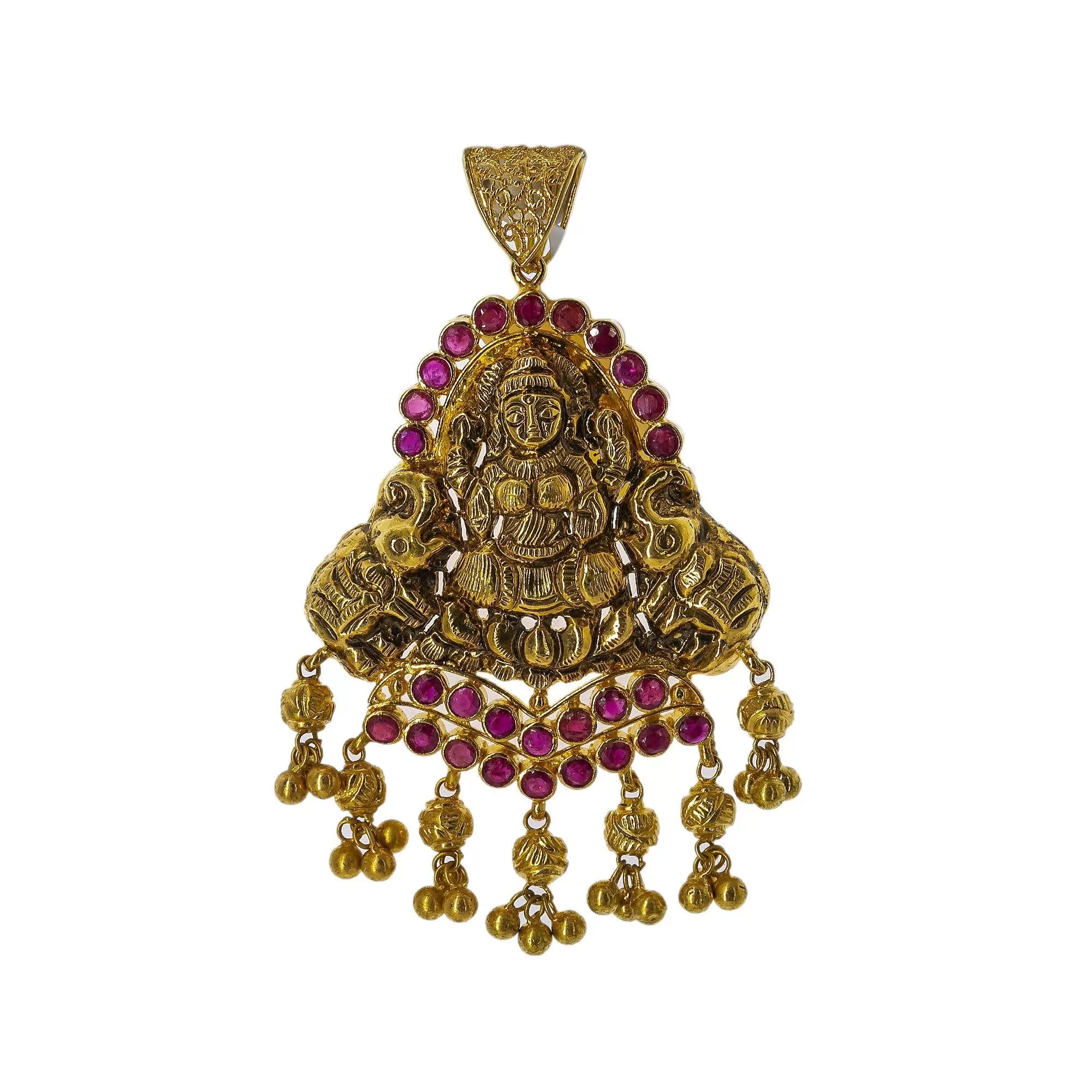 22K Yellow Gold Antique Laxmi Pendant W/ Rubies, 13.5gm