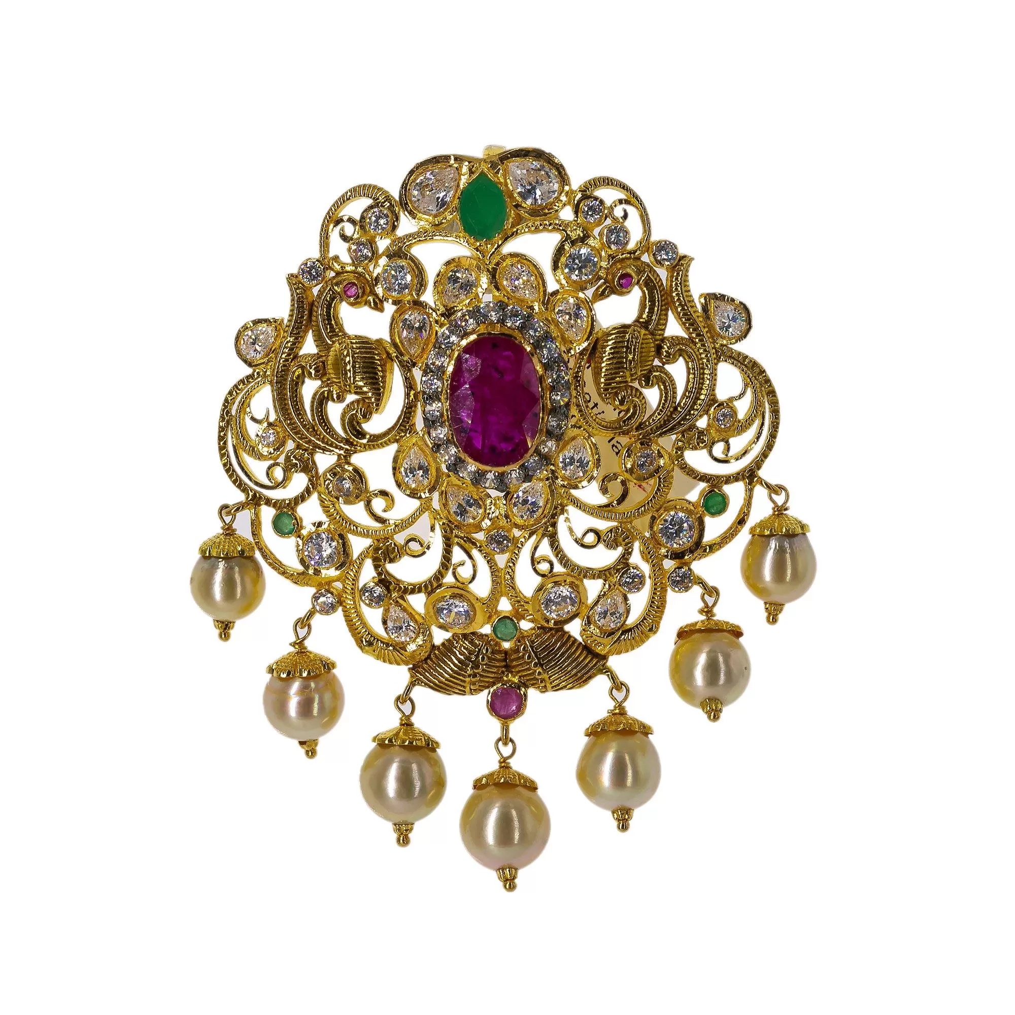 22K Yellow Gold Pendant W/ Emeralds, Rubies, CZ Gemstones & Hanging Pearls, 23gm