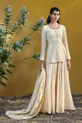 310083 Cream Embroidered Georgette Sharara Suit with Dupatta