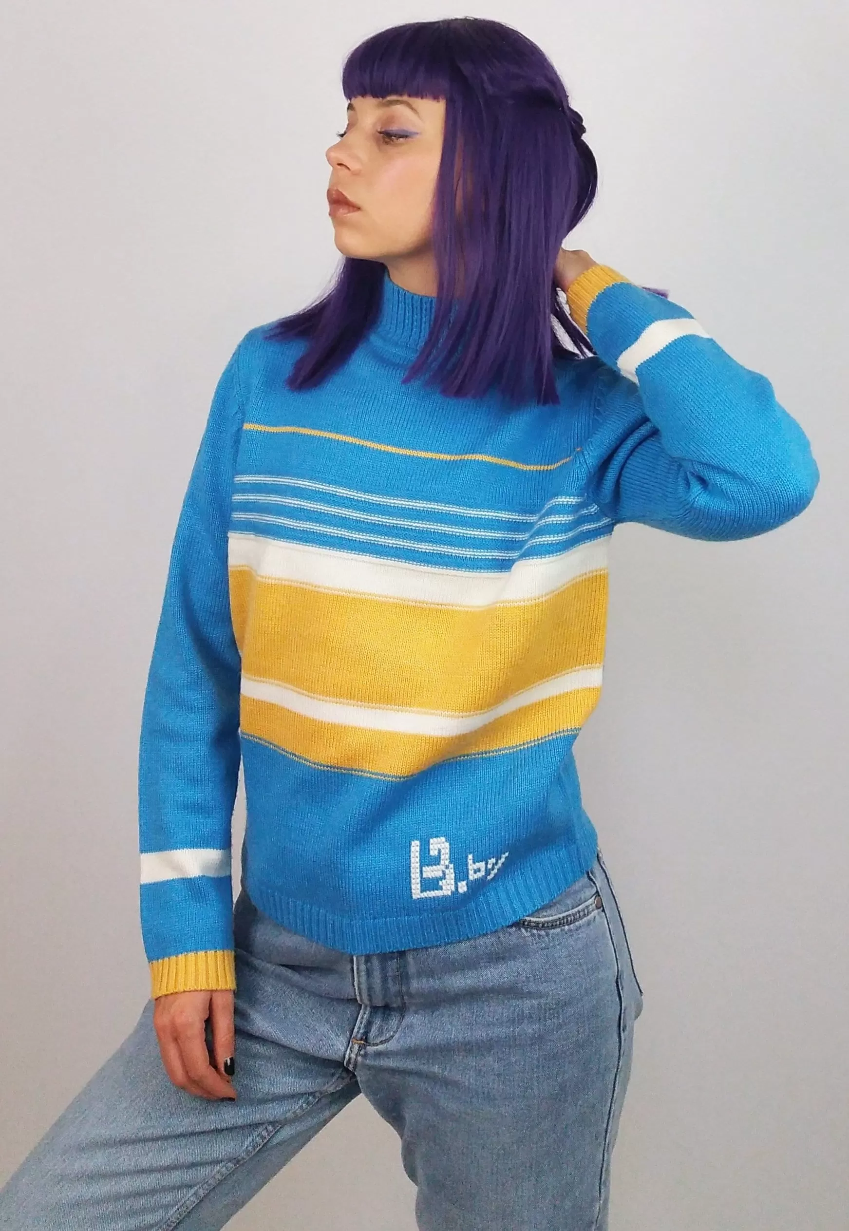 90's High Neck Striped Wool Knit Sweater