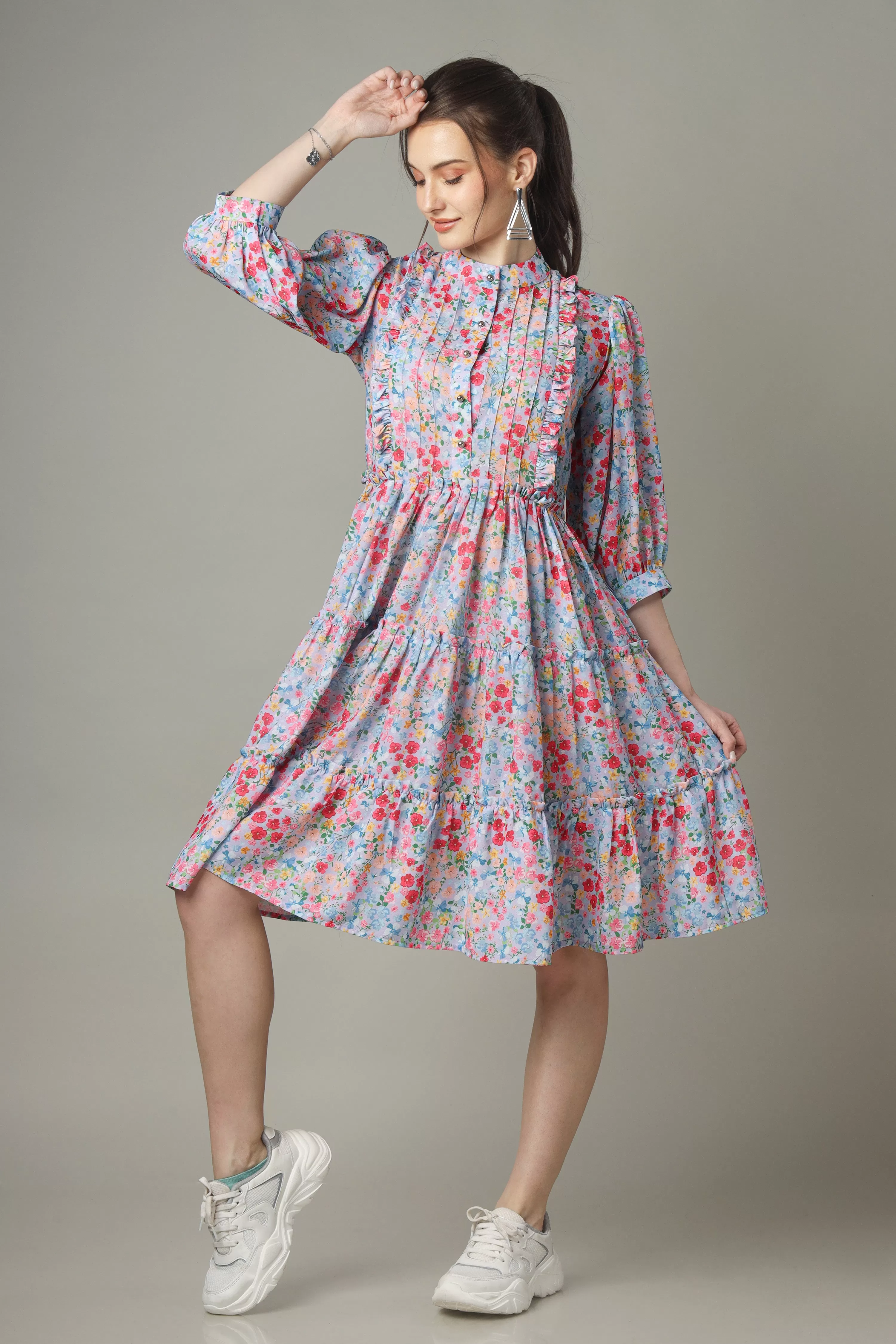 A-Line Floral Button Down Tiered Shirt Dress