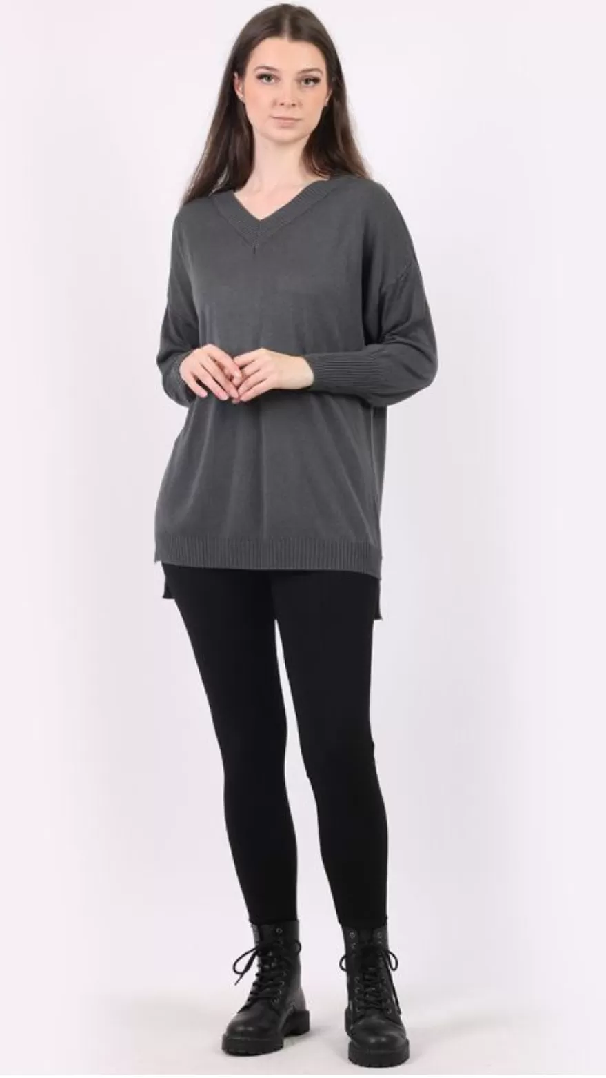 Anne   Kate Italian V-Neck Plain Ribbed Hi-Lo Lagenlook Knitted Top