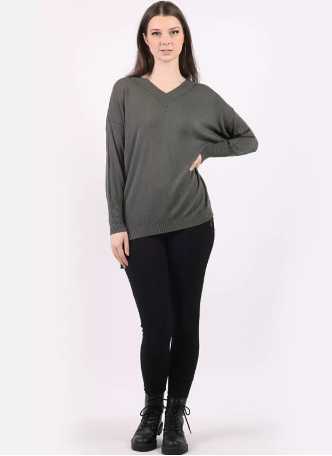 Anne   Kate Italian V-Neck Plain Ribbed Hi-Lo Lagenlook Knitted Top