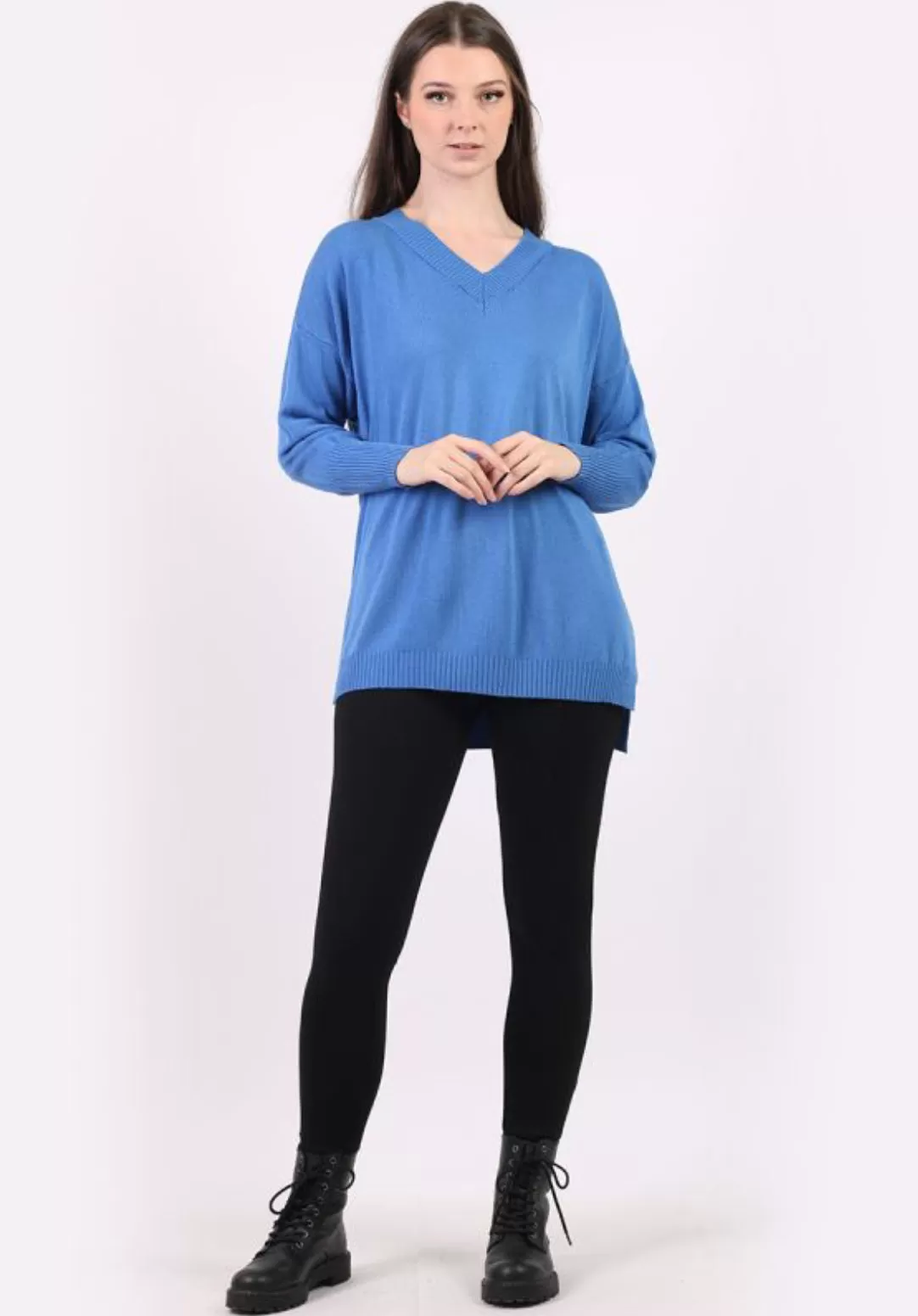 Anne   Kate Italian V-Neck Plain Ribbed Hi-Lo Lagenlook Knitted Top