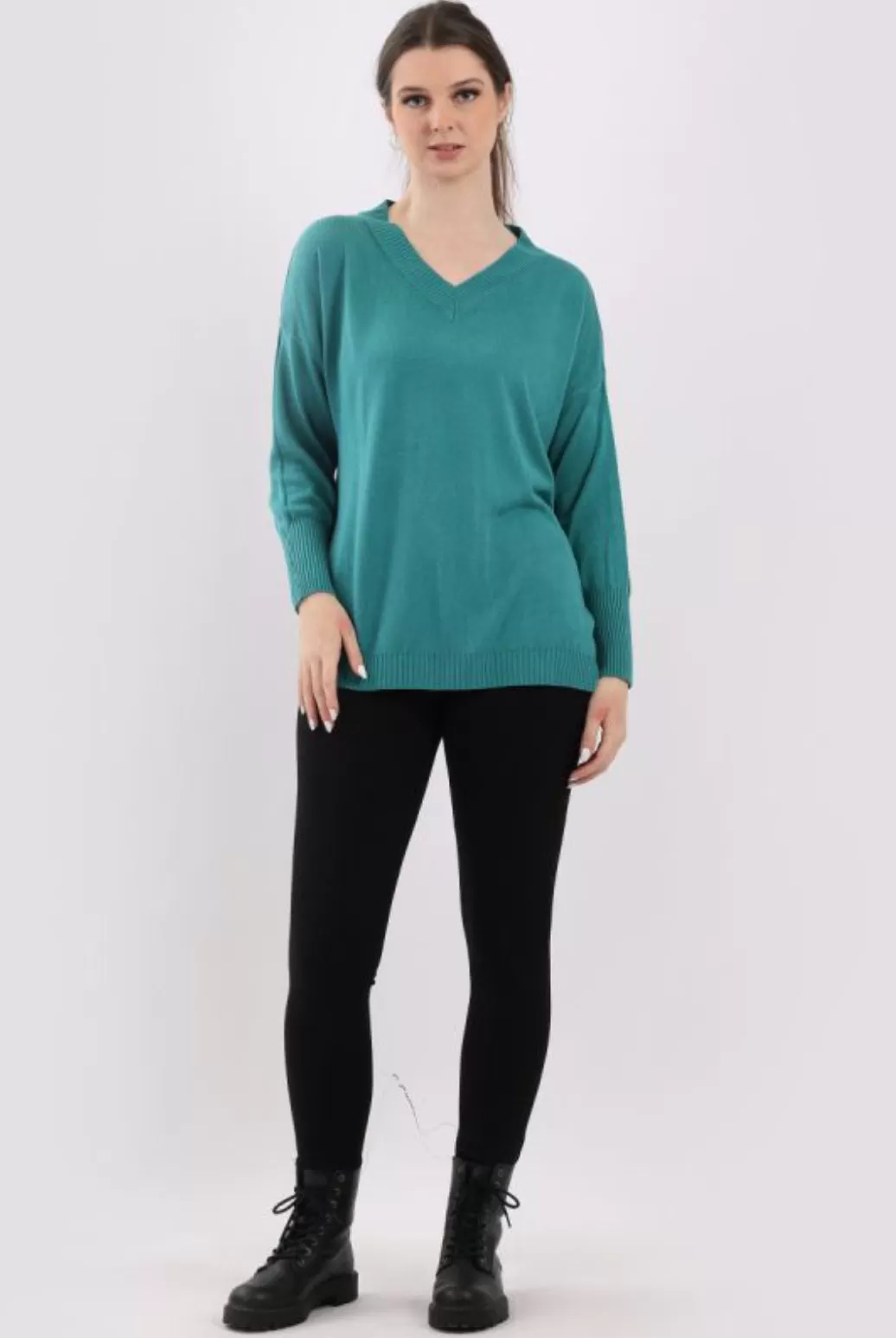 Anne   Kate Italian V-Neck Plain Ribbed Hi-Lo Lagenlook Knitted Top