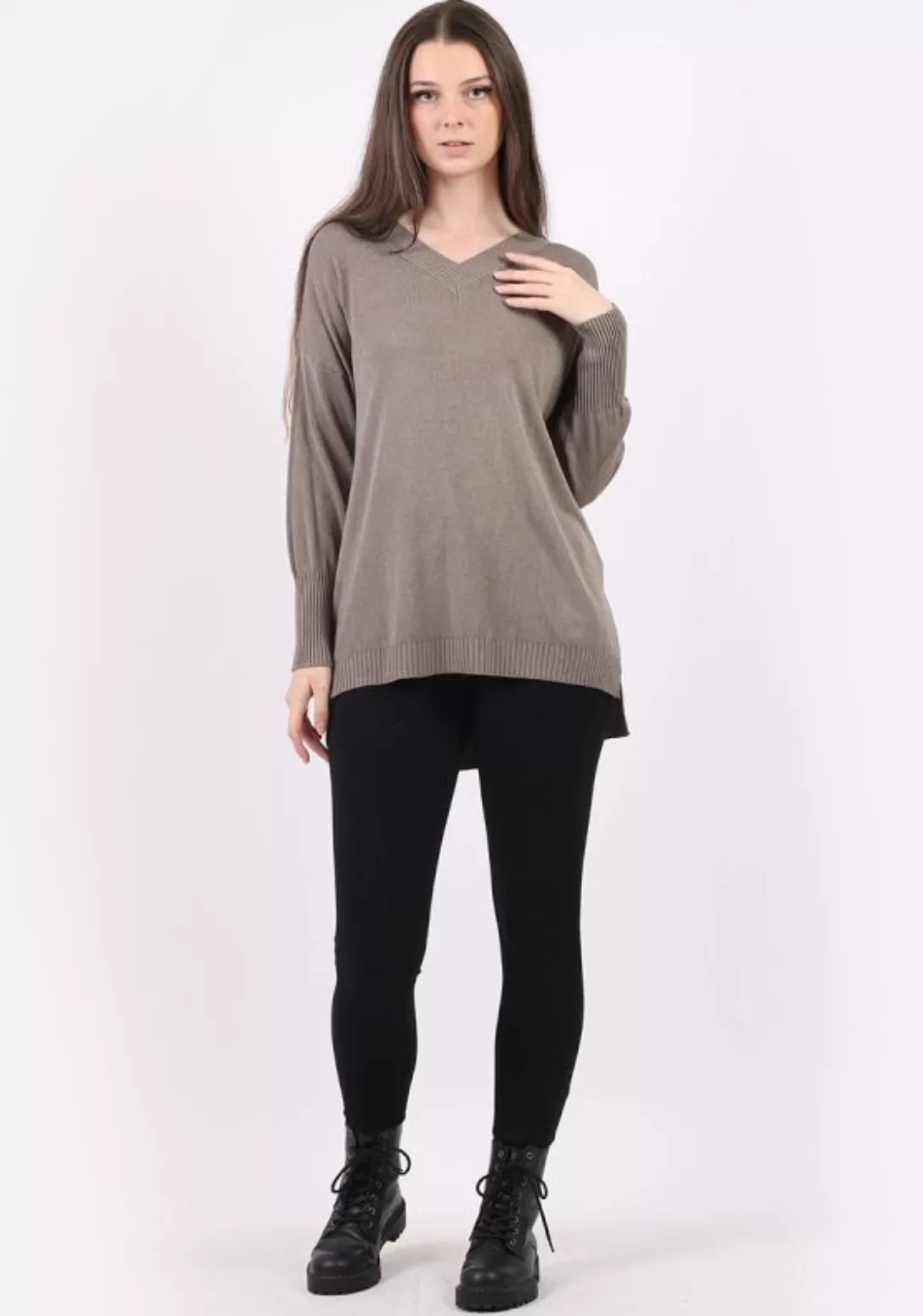 Anne   Kate Italian V-Neck Plain Ribbed Hi-Lo Lagenlook Knitted Top