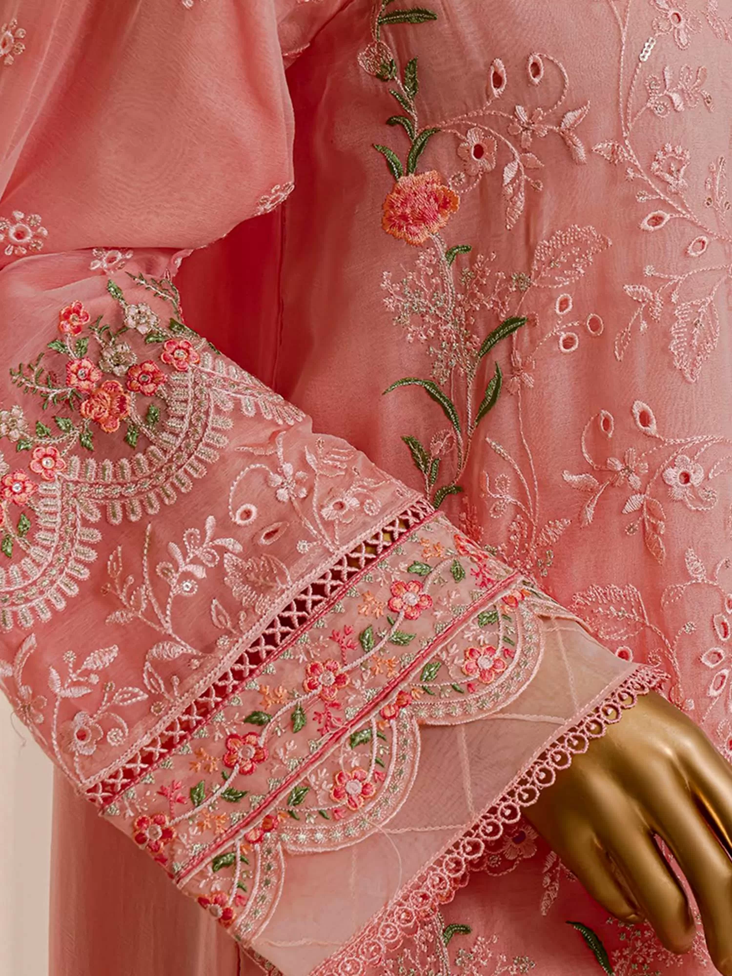 Bin Saeed Luxury Embroidered Peach Organza Suit