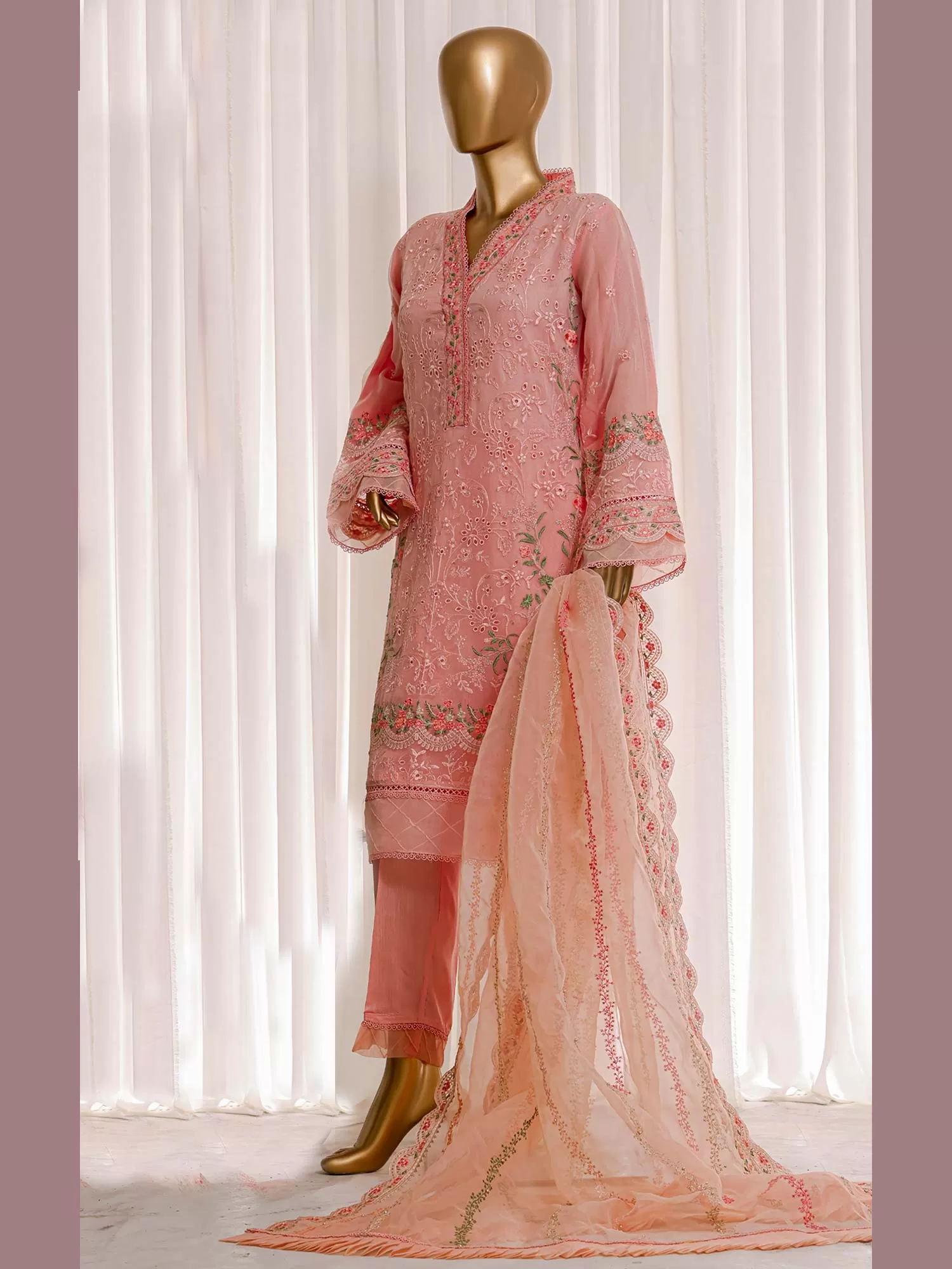 Bin Saeed Luxury Embroidered Peach Organza Suit