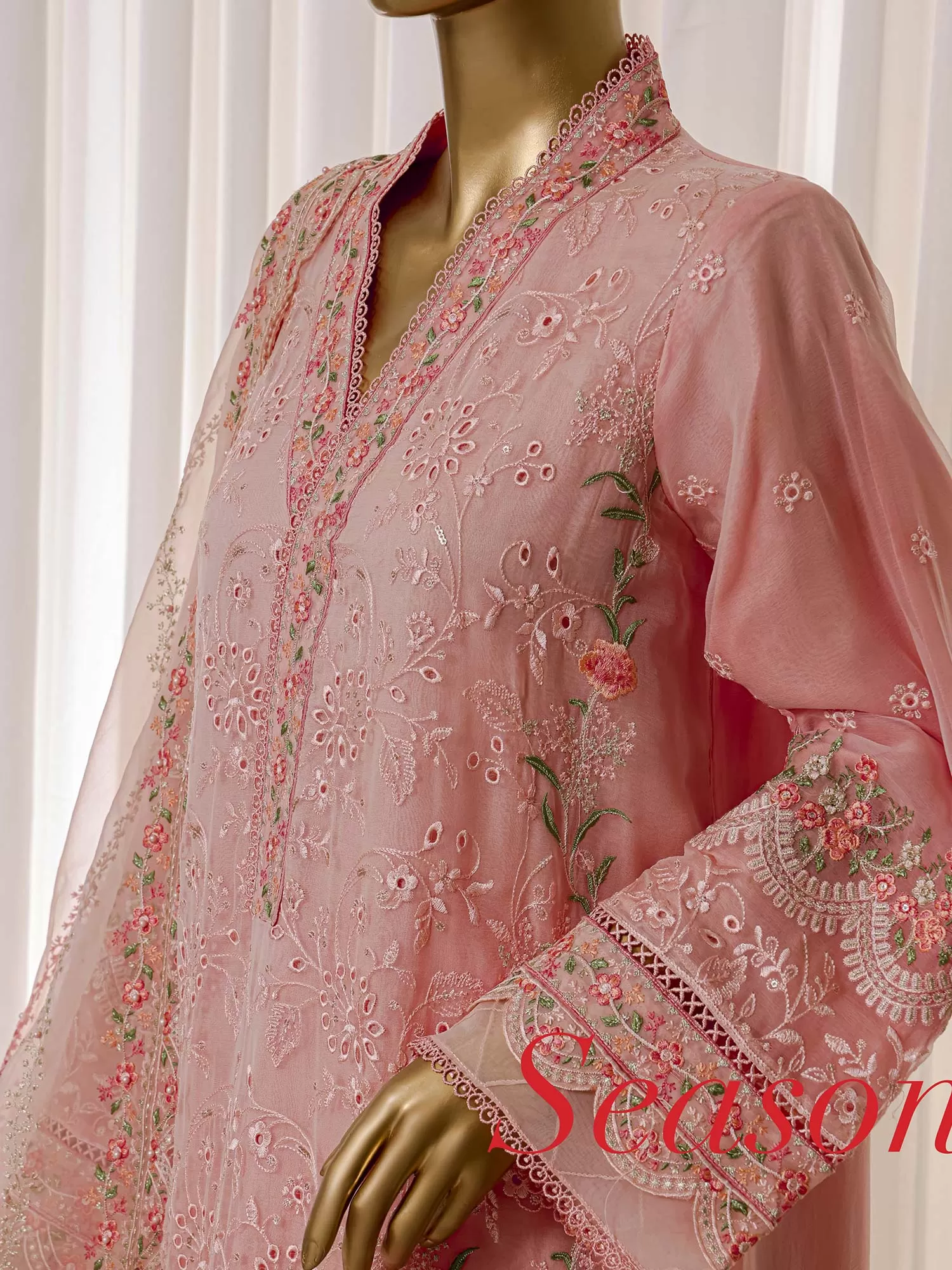 Bin Saeed Luxury Embroidered Peach Organza Suit