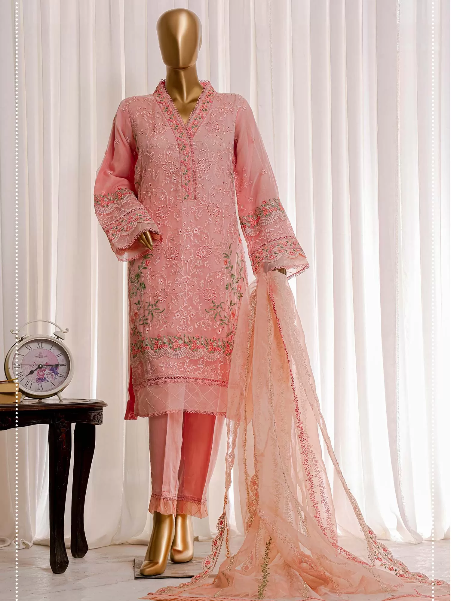 Bin Saeed Luxury Embroidered Peach Organza Suit