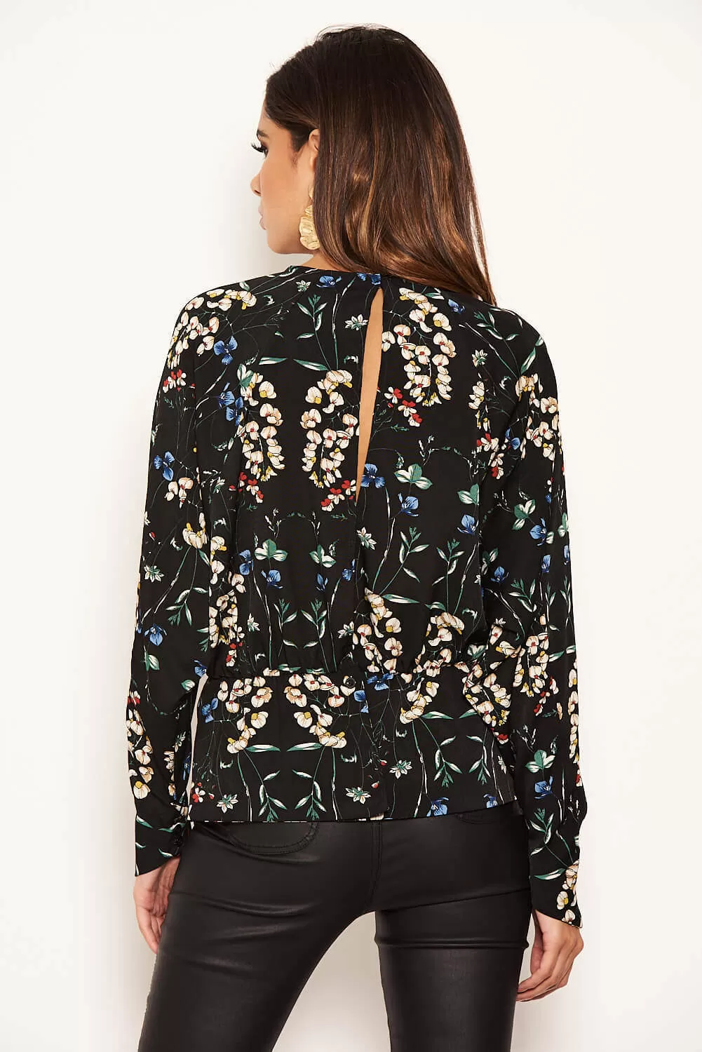 Black Floral Back Split Top