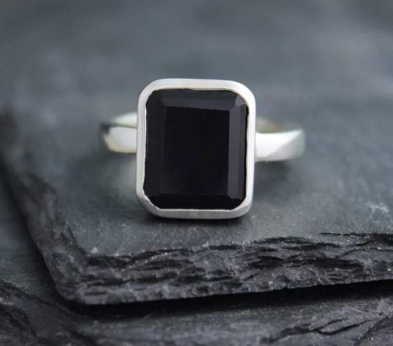 Black Onyx Ring, Black Onyx, Rectangle Solitaire Ring, Gemstone Ring