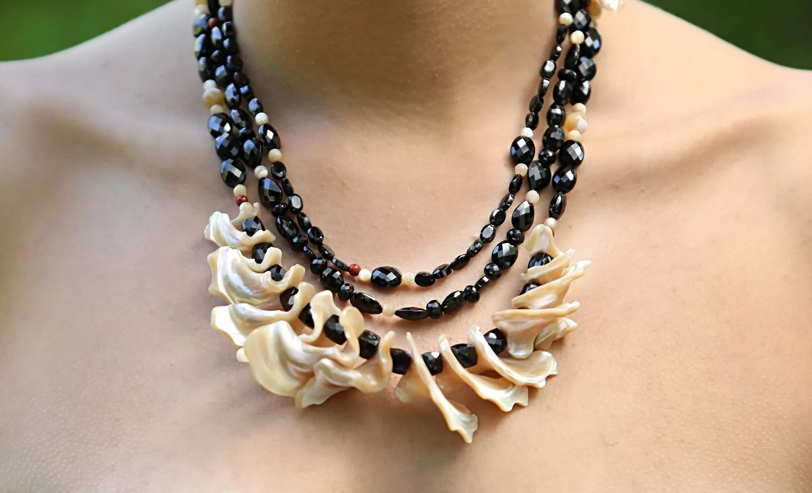 Black Spinel, Mother of Pearl, Red Jasper, and Silver Necklace