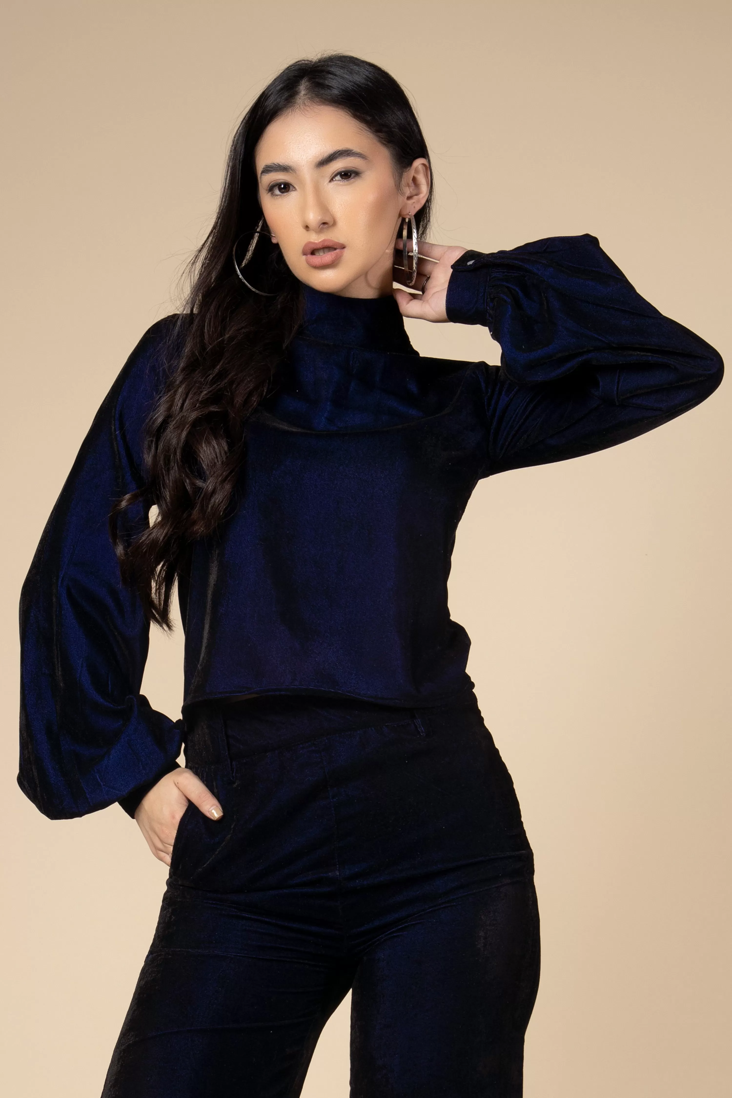 Blue High Neck Flounce Sleeve Velvet Top For Women