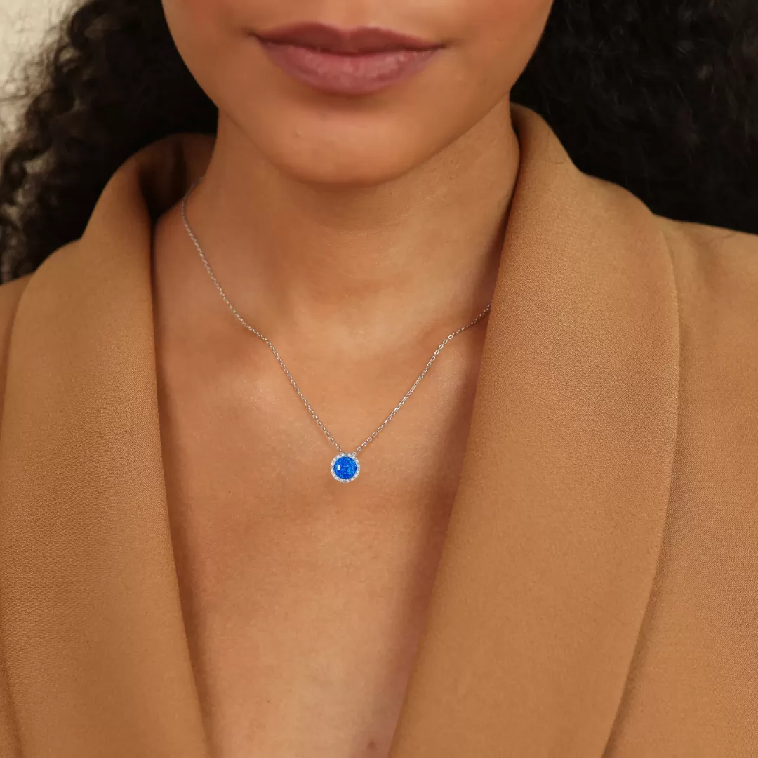 Blue Opal Round Halo Necklace