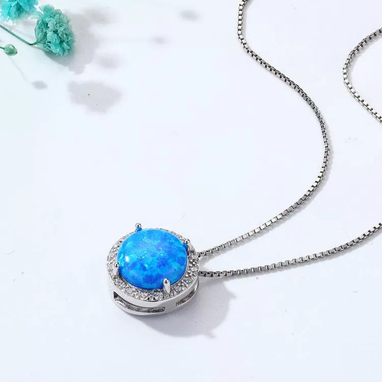 Blue Opal Round Halo Necklace