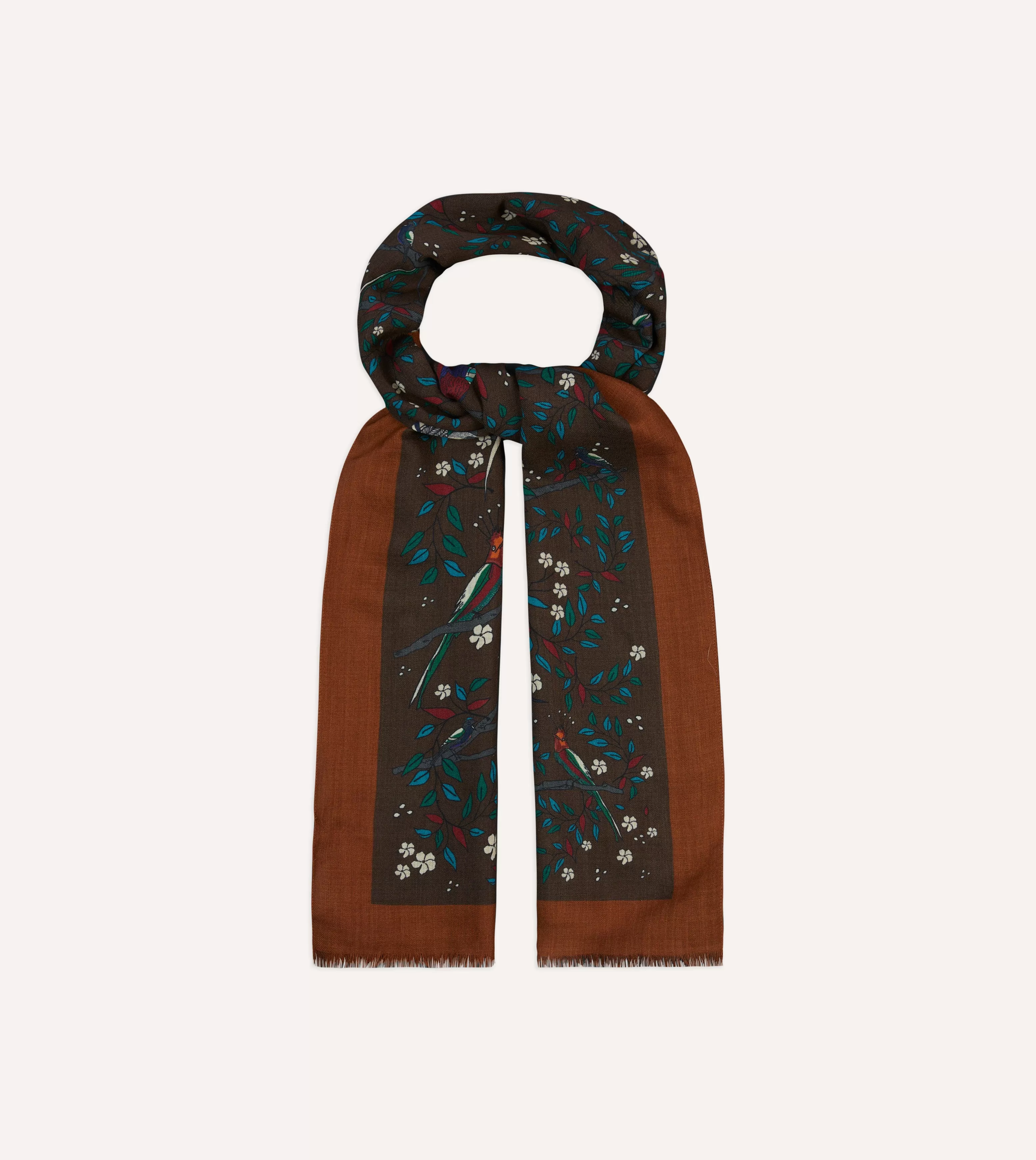 Brown Birds of Paradise Print Wool Scarf