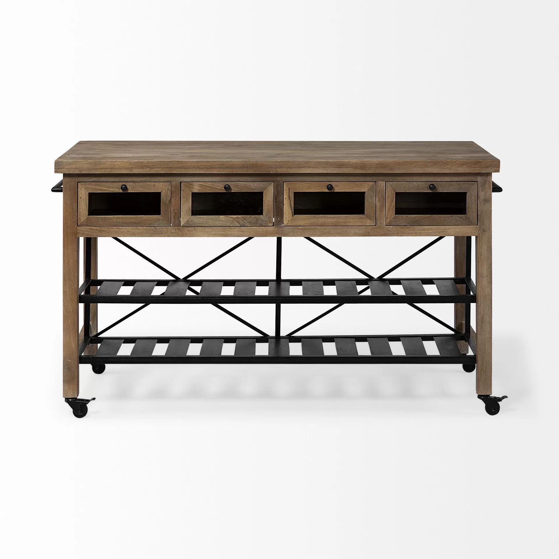 Brown Solid Wood Top Kitchen Island With Two Tier Black Metal Rolling