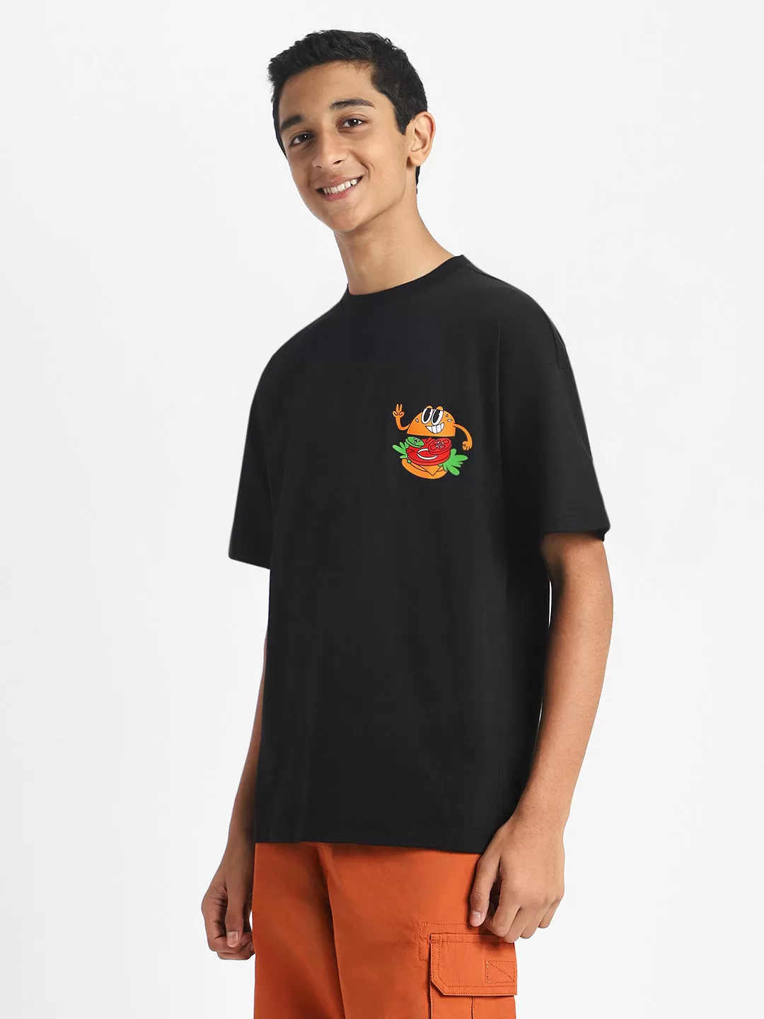 Burger Black Oversized Graphic Pocket Printed Boys T-shirt