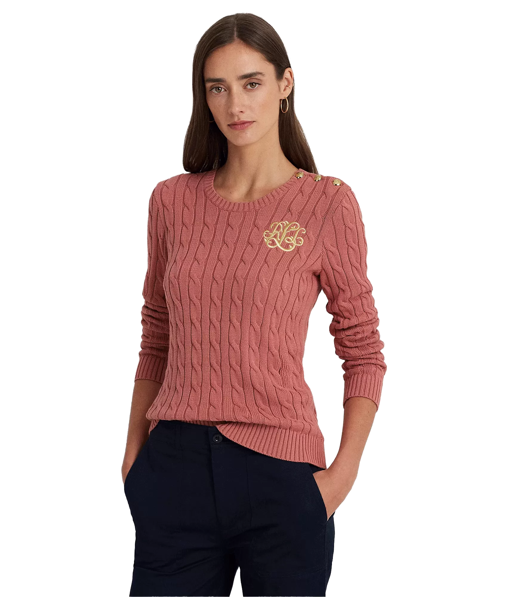 Button-Trim Cable-Knit Cotton Jumper - Pink