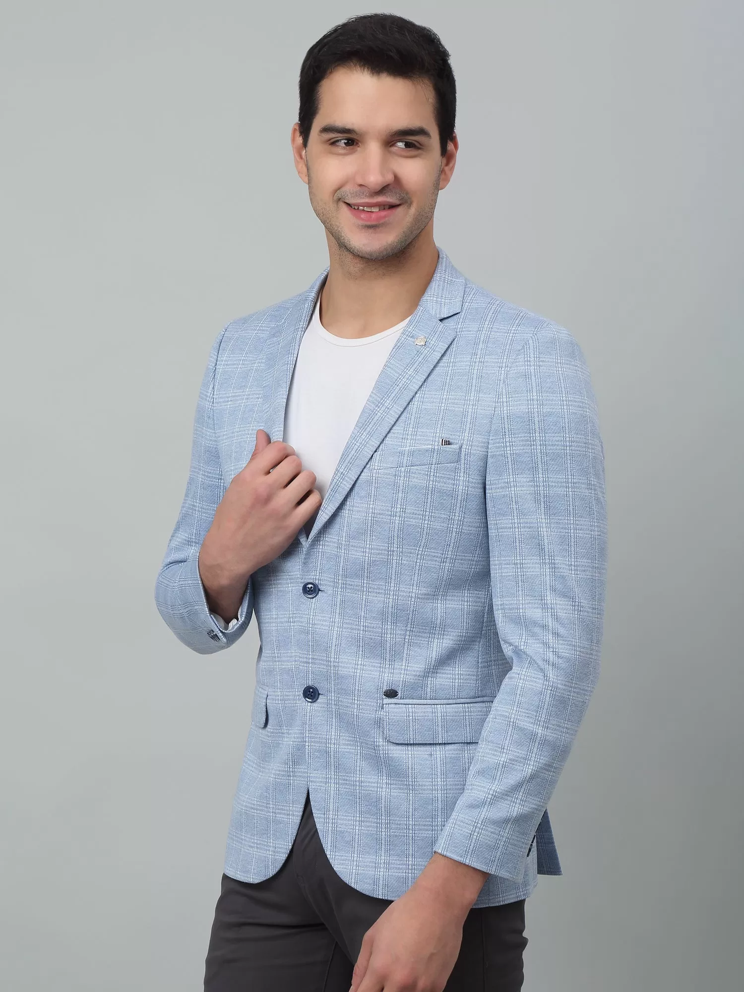 Cantabil Blue Checkered Full Sleeves Casual Blazer For Men