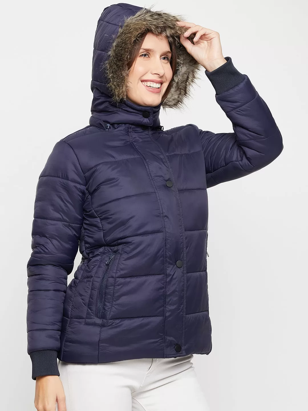 Cantabil Blue Full Sleeves Detachable Hooded Neck Puffer Casual Jacket For Women