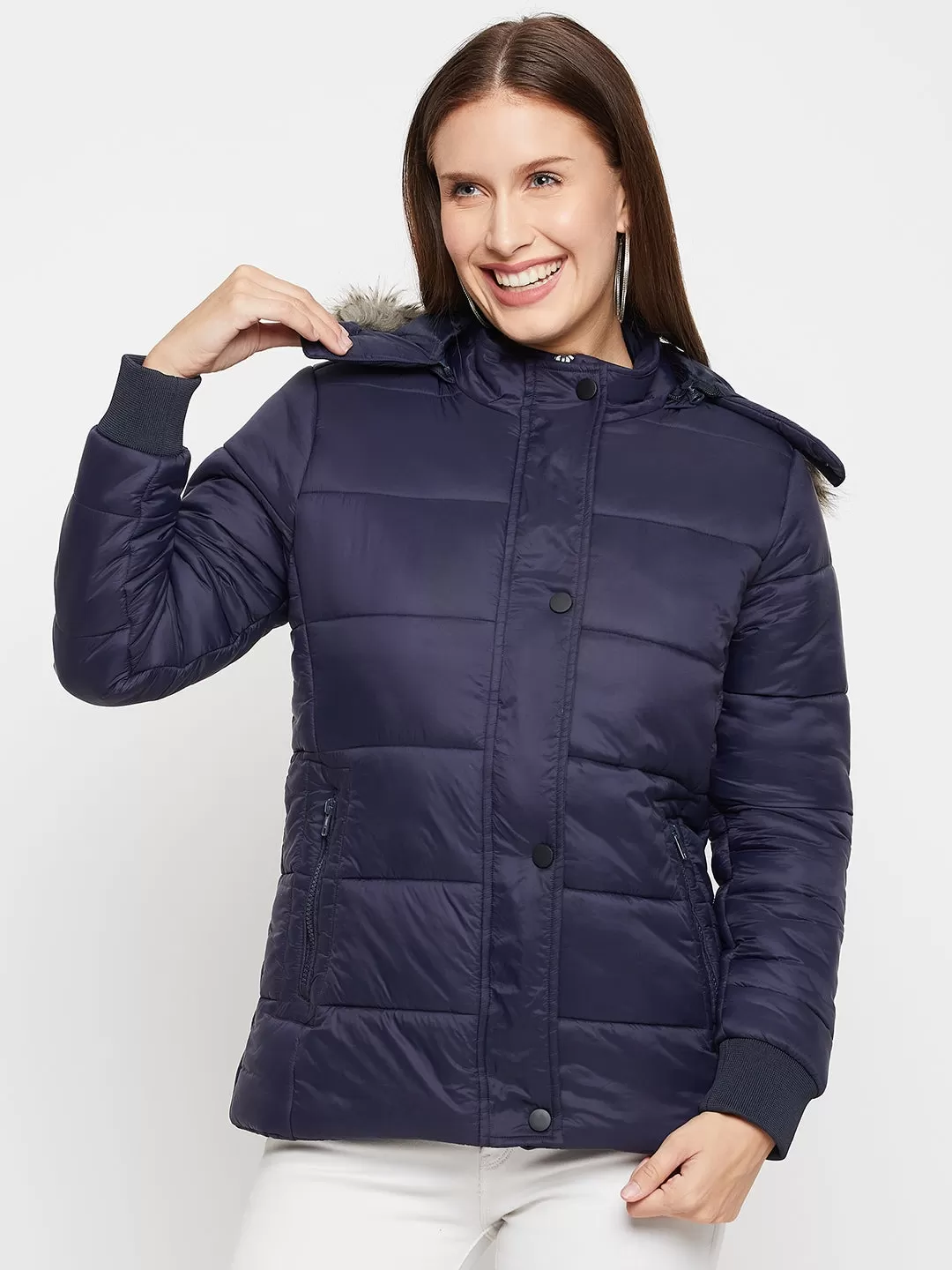 Cantabil Blue Full Sleeves Detachable Hooded Neck Puffer Casual Jacket For Women