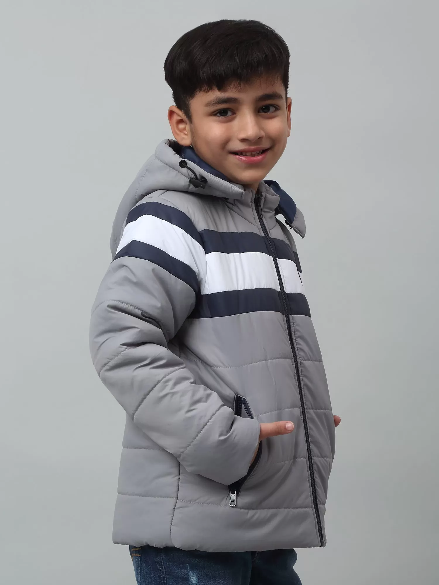 Cantabil Boys Grey Hooded Neck Colour Blocked Casual Jacket For Winter