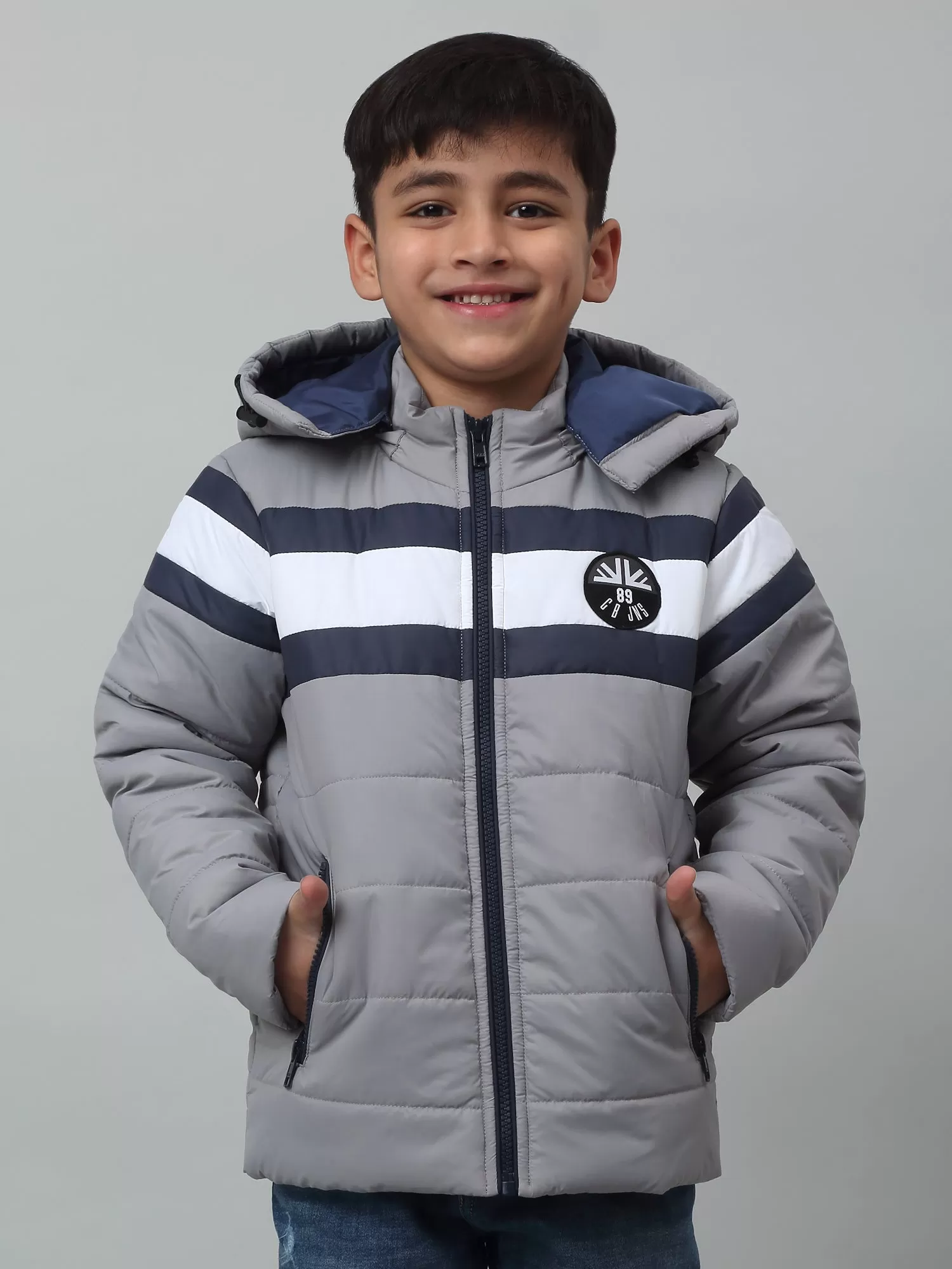 Cantabil Boys Grey Hooded Neck Colour Blocked Casual Jacket For Winter