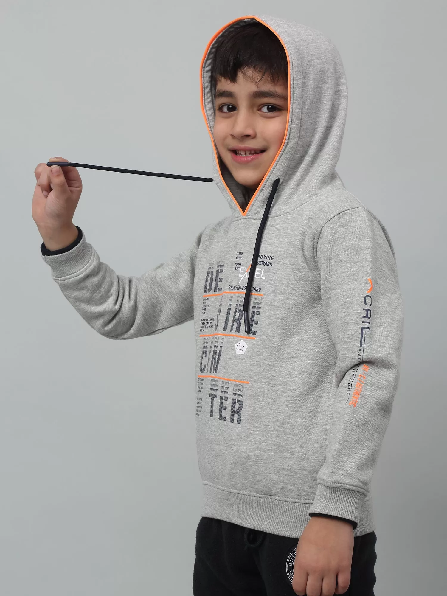 Cantabil Boys Grey Typographic Print Hooded Neck Sweatshirt For Winter