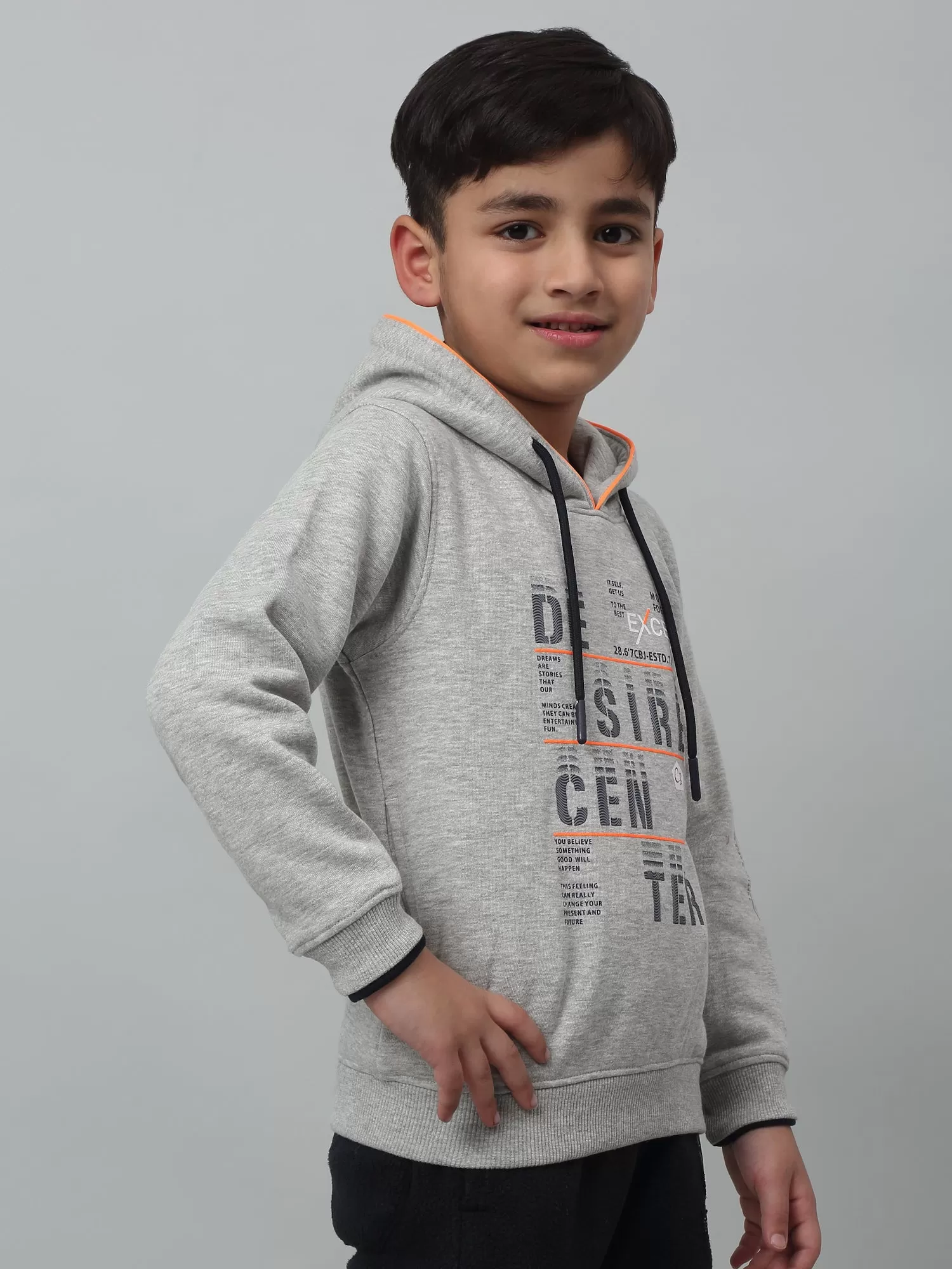 Cantabil Boys Grey Typographic Print Hooded Neck Sweatshirt For Winter