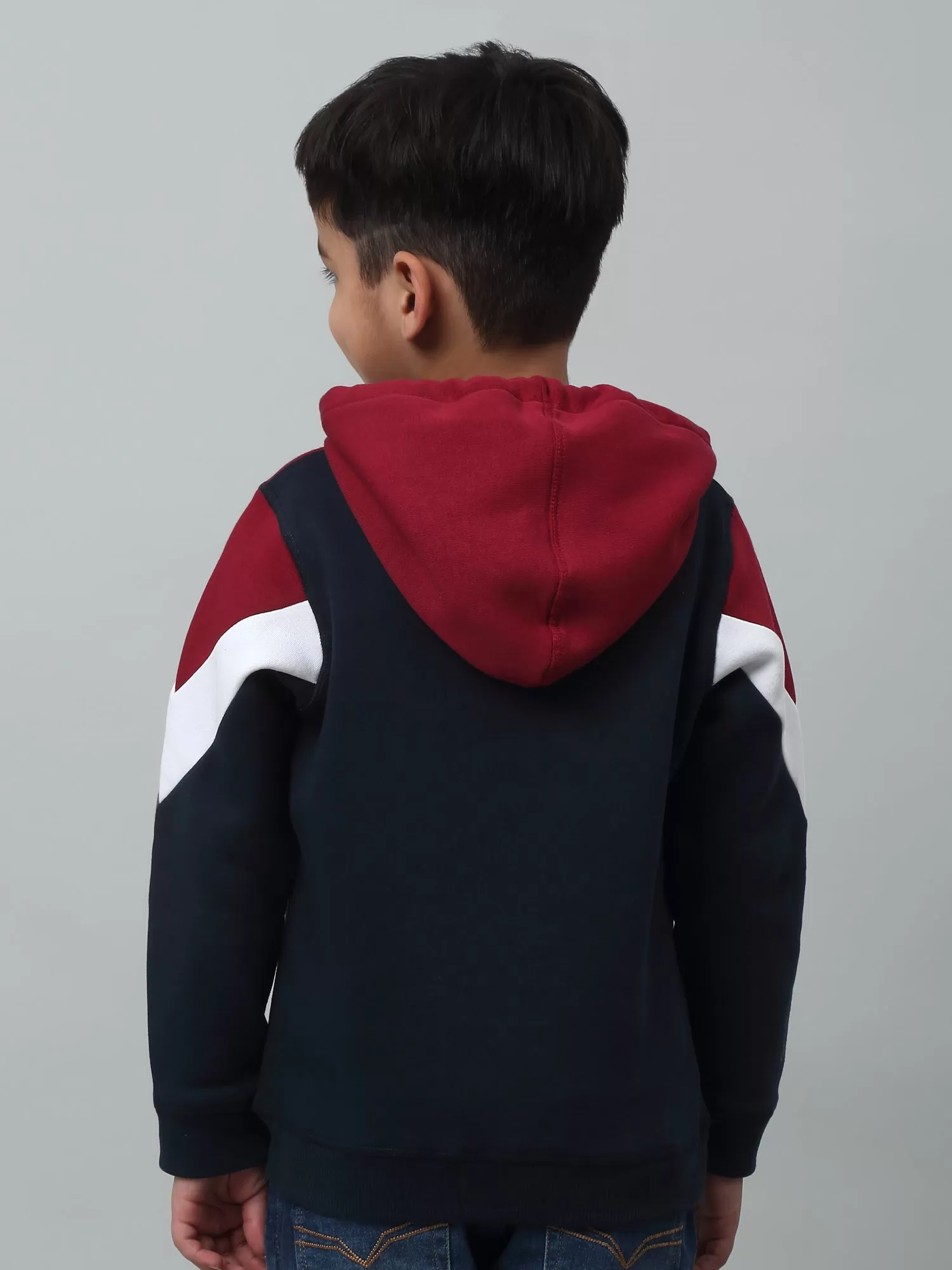 Cantabil Boys Navy Blue Colour Block Hooded Neck Sweatshirt