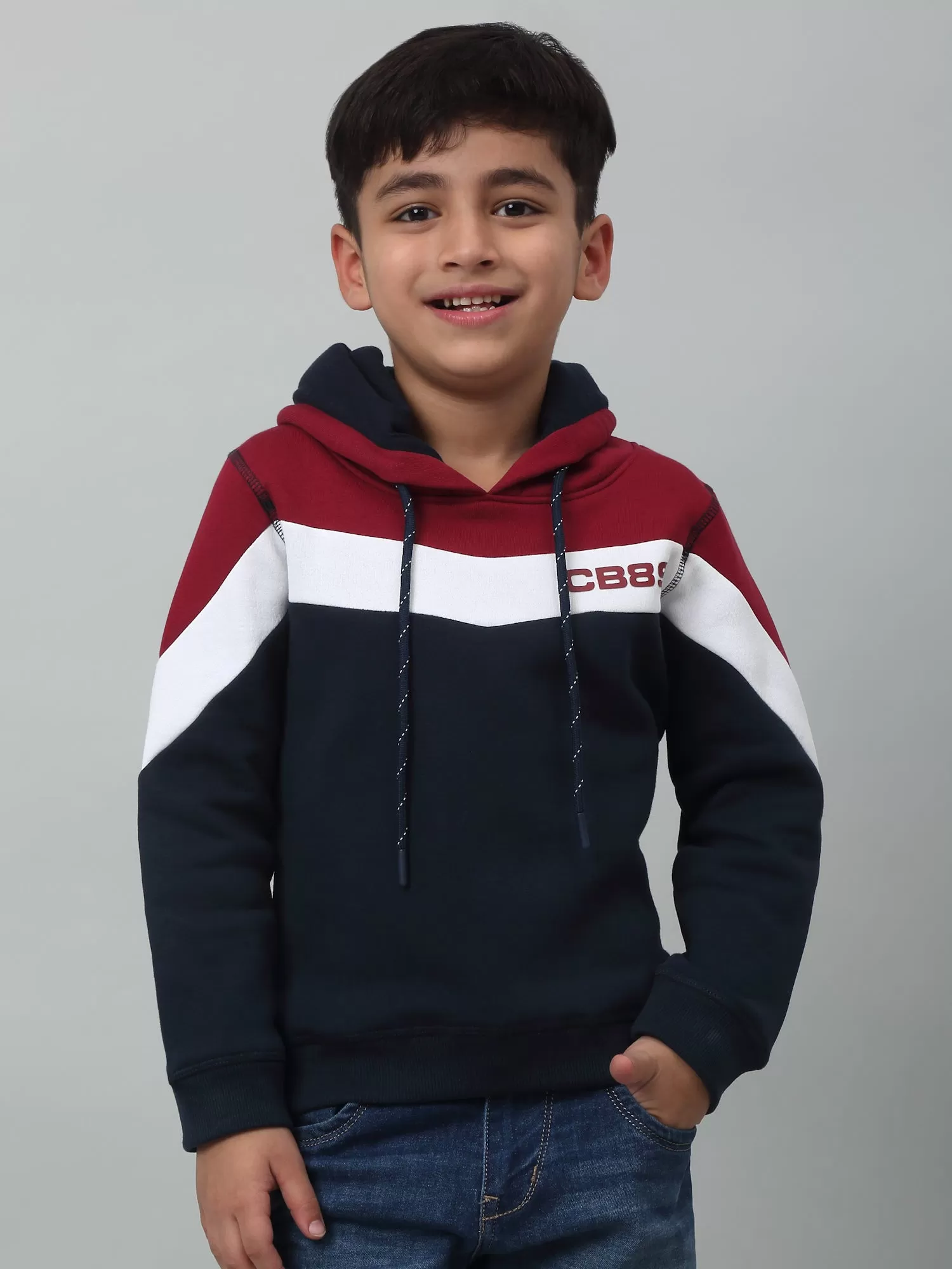 Cantabil Boys Navy Blue Colour Block Hooded Neck Sweatshirt