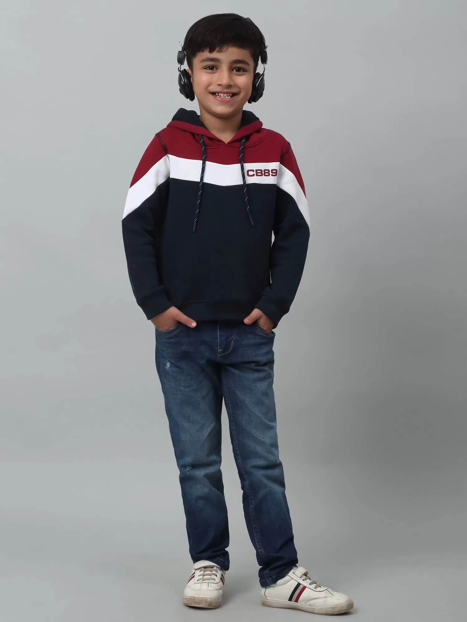 Cantabil Boys Navy Blue Colour Block Hooded Neck Sweatshirt