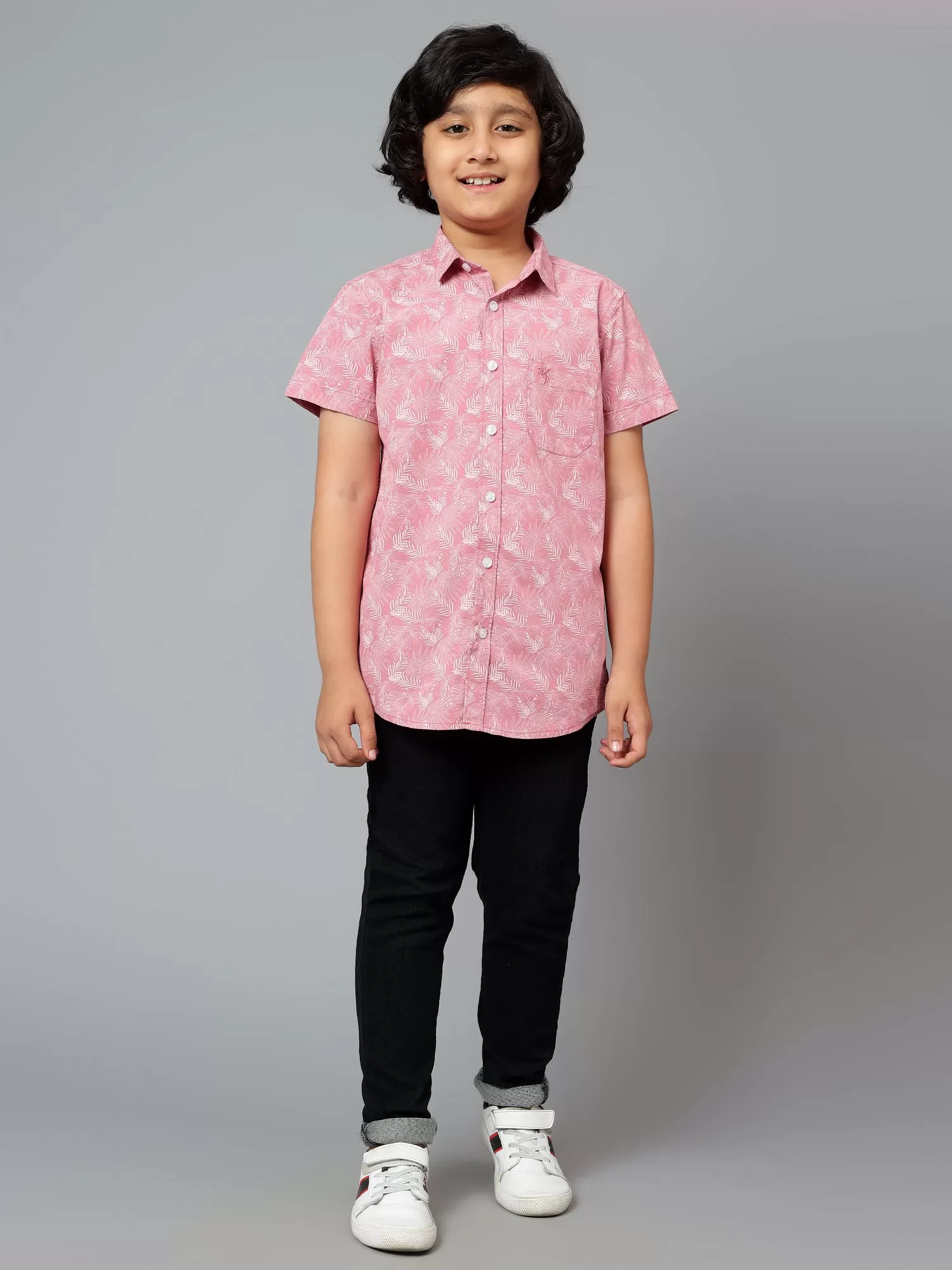 Cantabil Boy's Pink Printed Spread Collar Half Sleeve Shirt