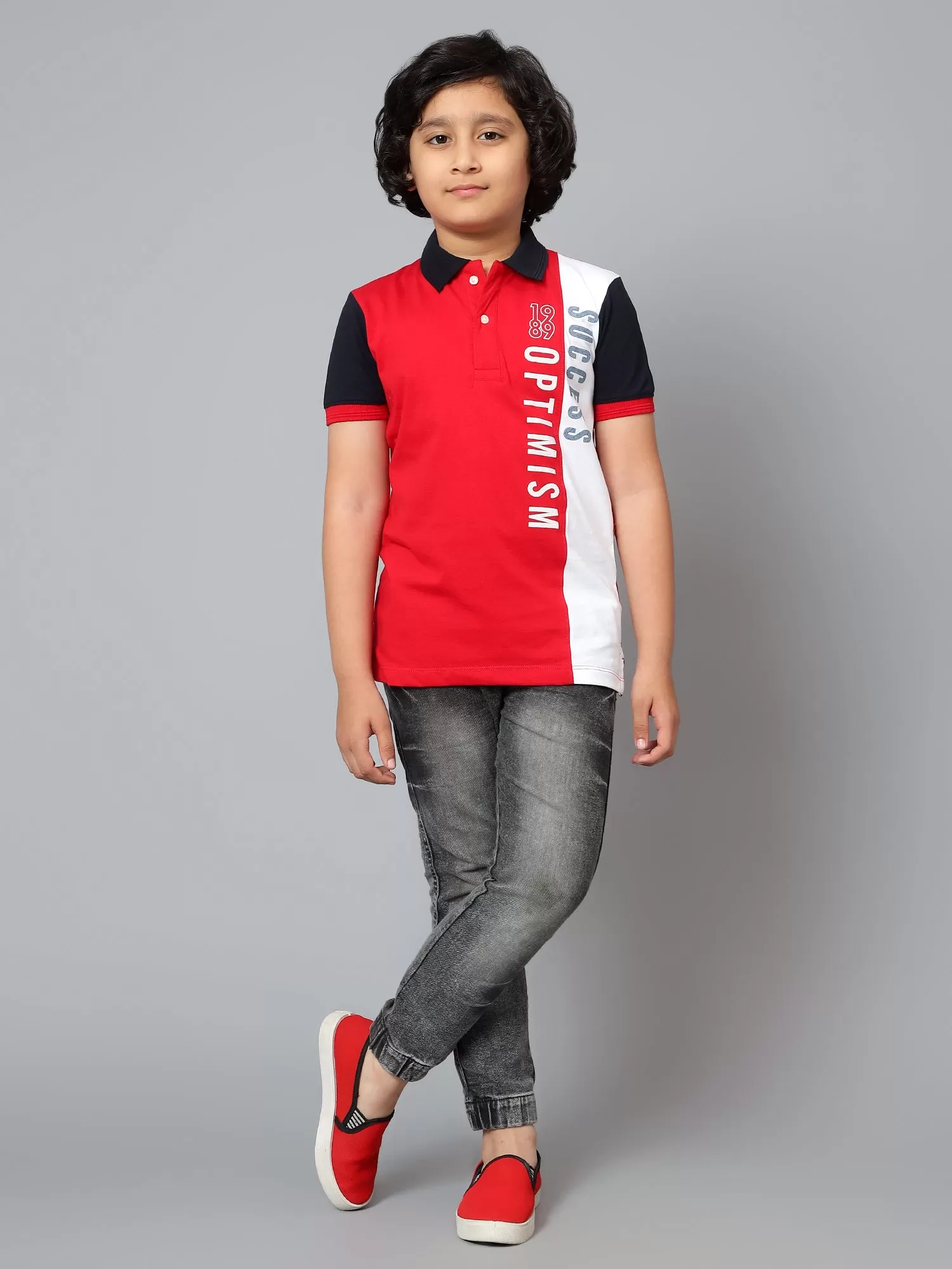 Cantabil Boy's Red Color Block Polo Neck Half Sleeve T-shirt