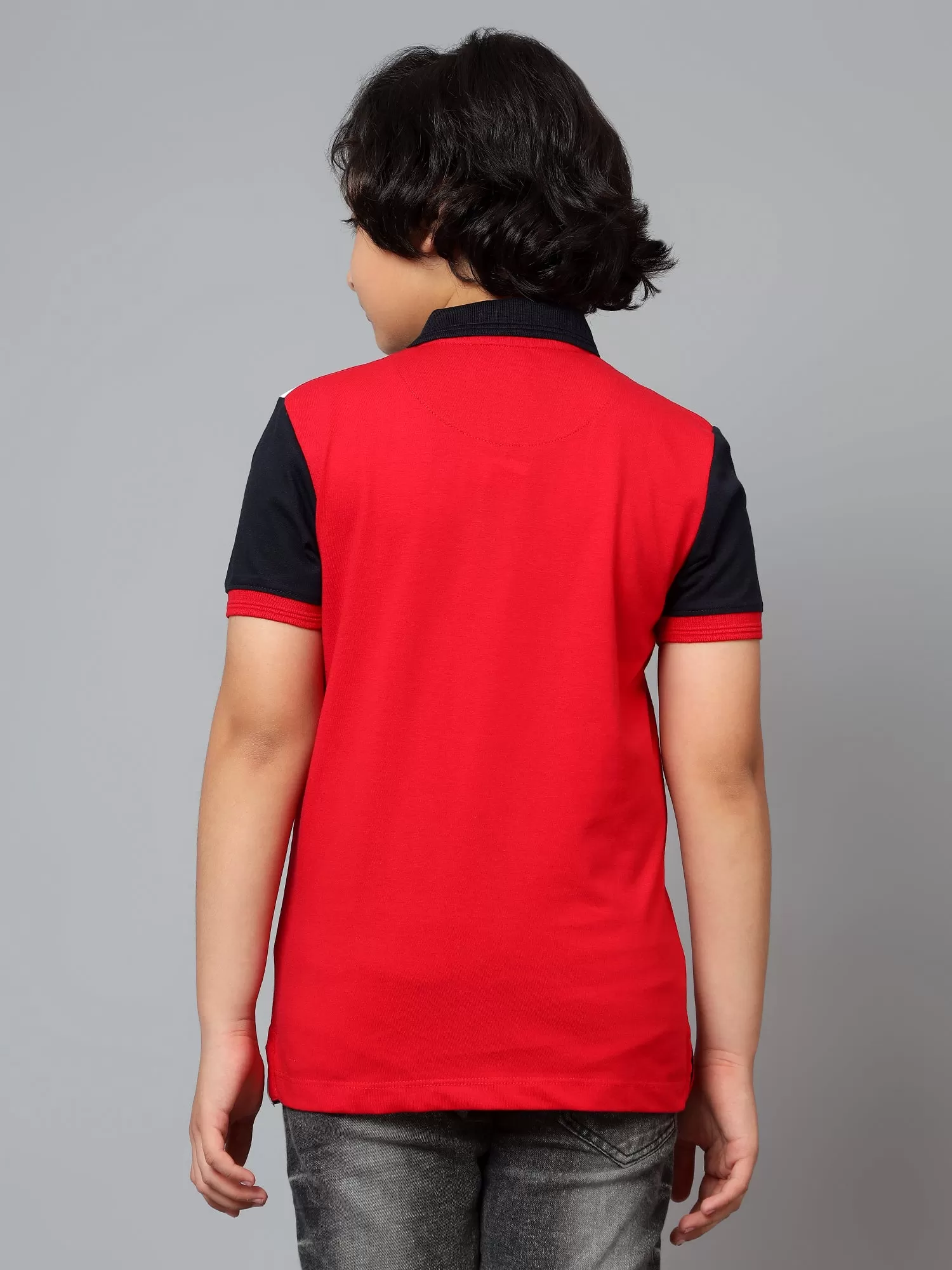 Cantabil Boy's Red Color Block Polo Neck Half Sleeve T-shirt