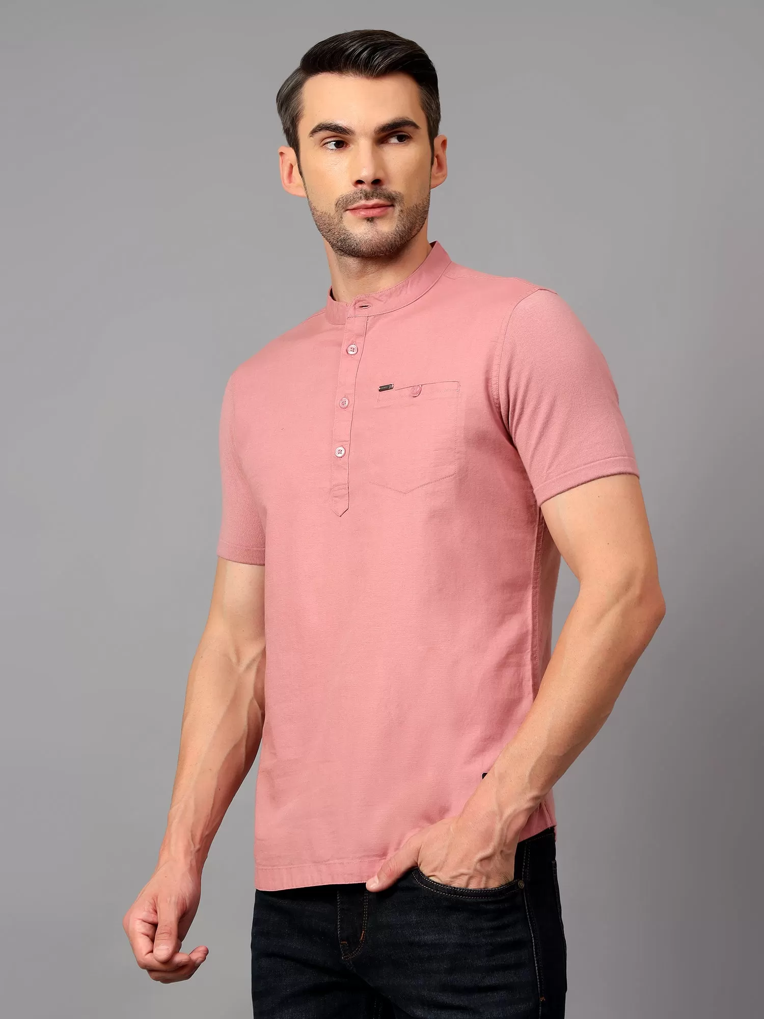 Cantabil  Men's Pink Solid Half Sleeves Short Kurta