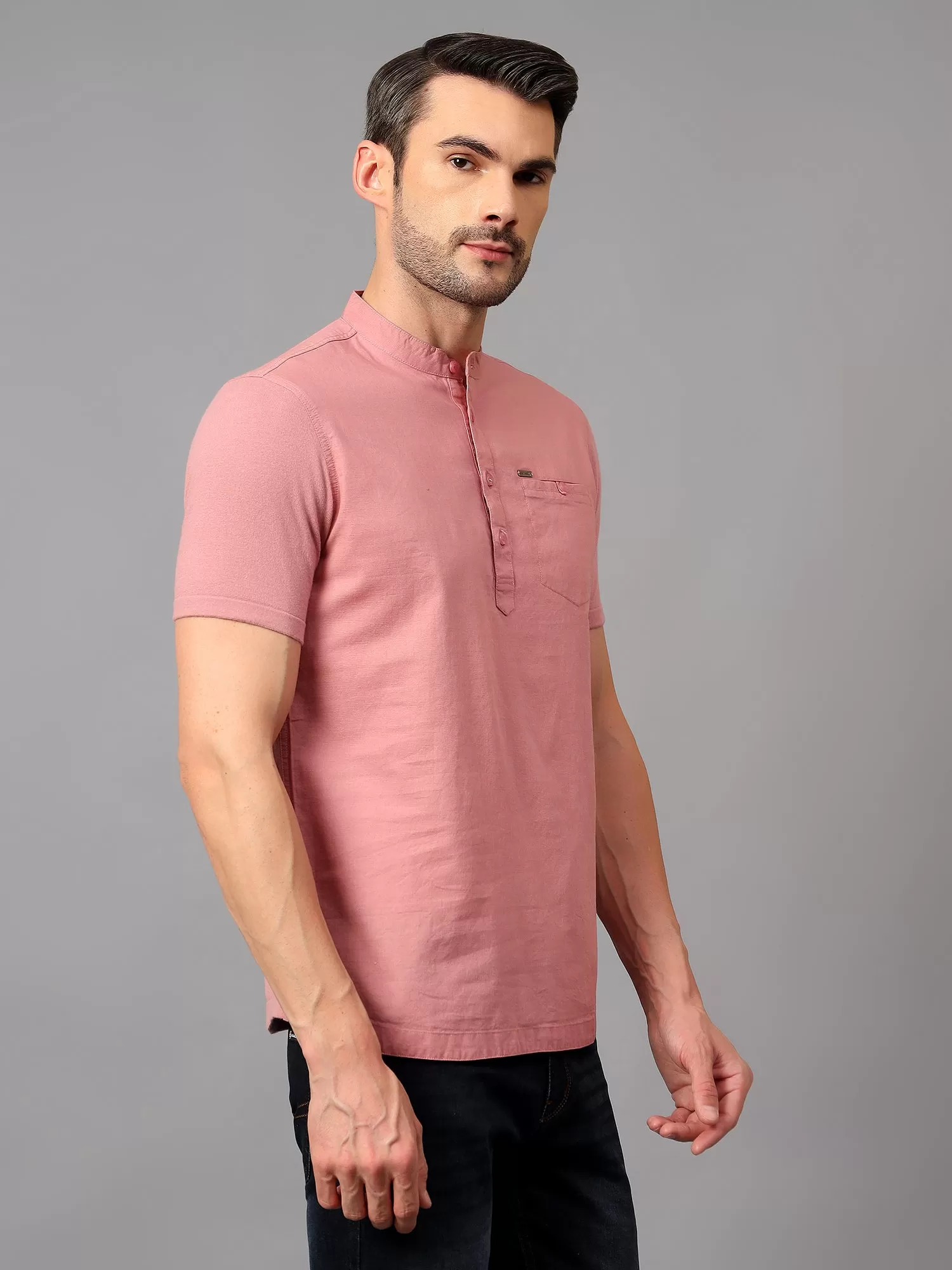 Cantabil  Men's Pink Solid Half Sleeves Short Kurta