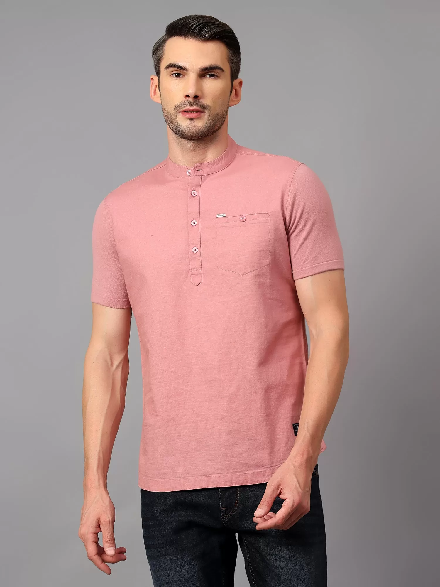 Cantabil  Men's Pink Solid Half Sleeves Short Kurta