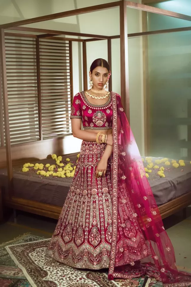 Charming Purple Color Embroidered Bridal Lehenga - Rent