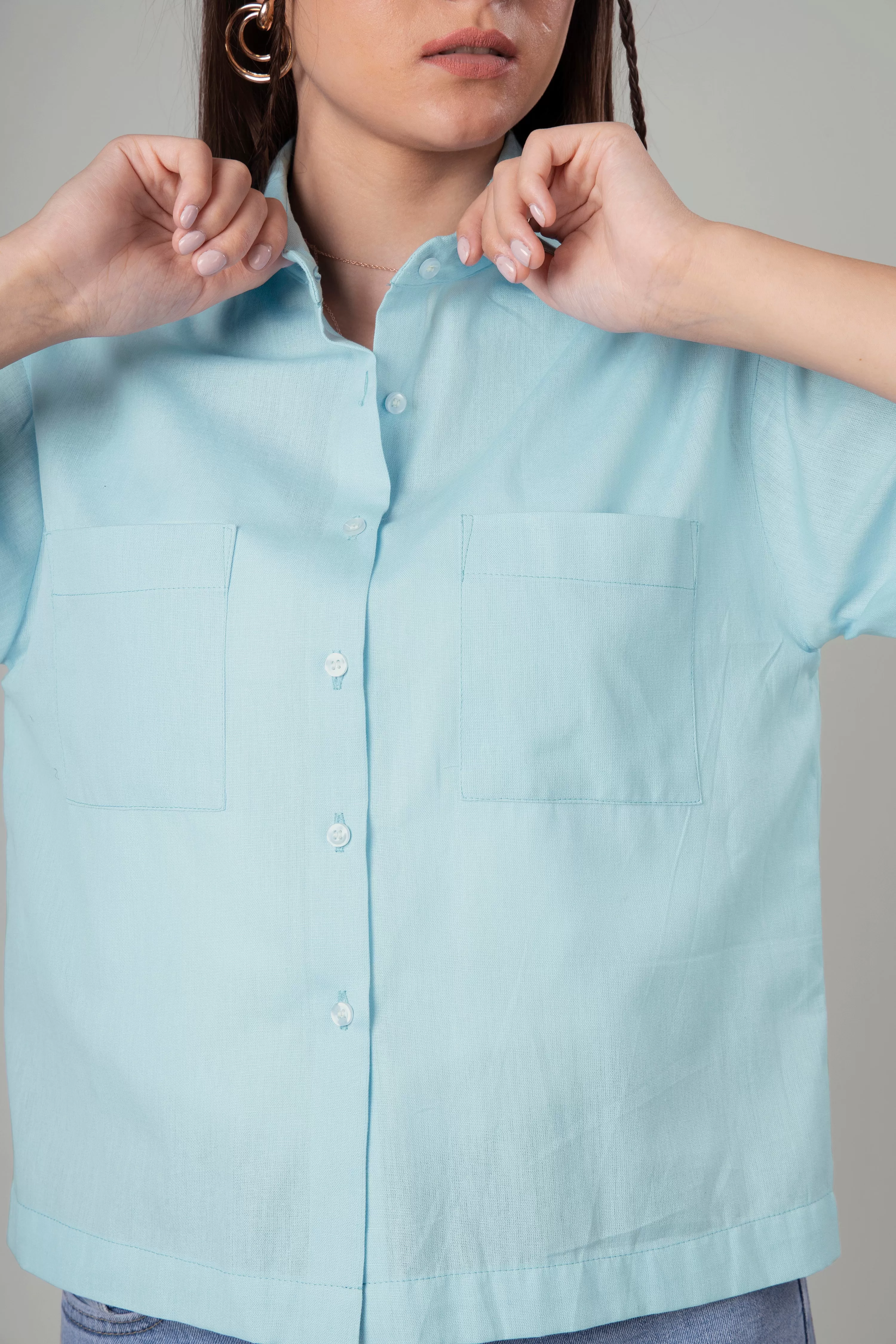 Classic Plain Short Cotton Shirt For Women