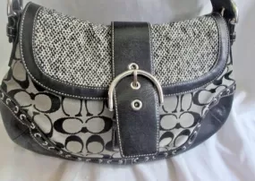 COACH F10425 Signature C Jacquard Hobo Handbag Satchel Canvas BLACK GRAY Leather