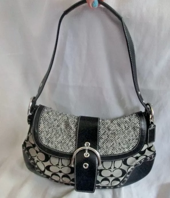 COACH F10425 Signature C Jacquard Hobo Handbag Satchel Canvas BLACK GRAY Leather