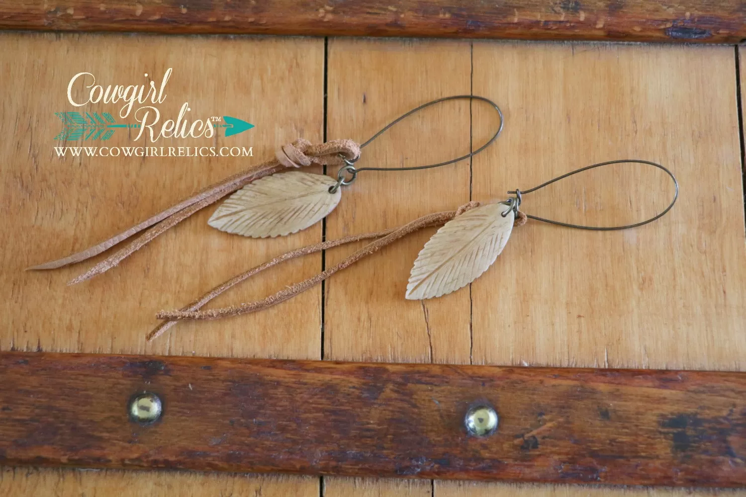 Cottonwood Carved Bone Feather and Leather Earrings