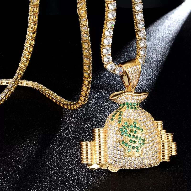 Cubic-Zirconia-Studded Money Bag Bling Hip-hop Pendant Necklace