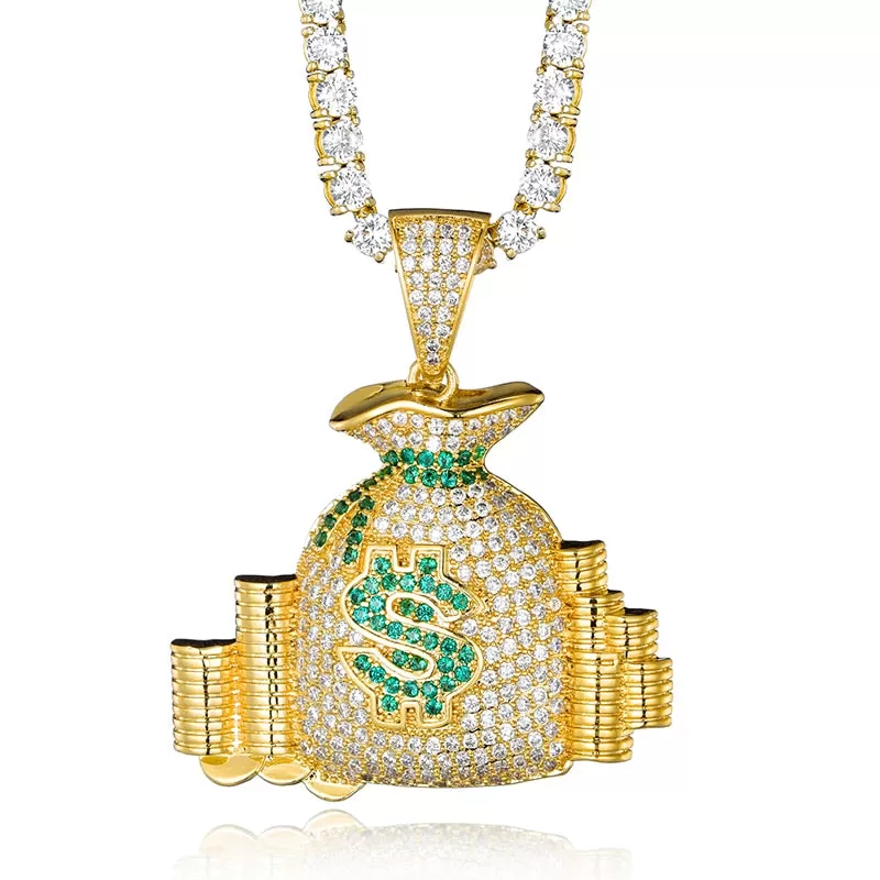 Cubic-Zirconia-Studded Money Bag Bling Hip-hop Pendant Necklace