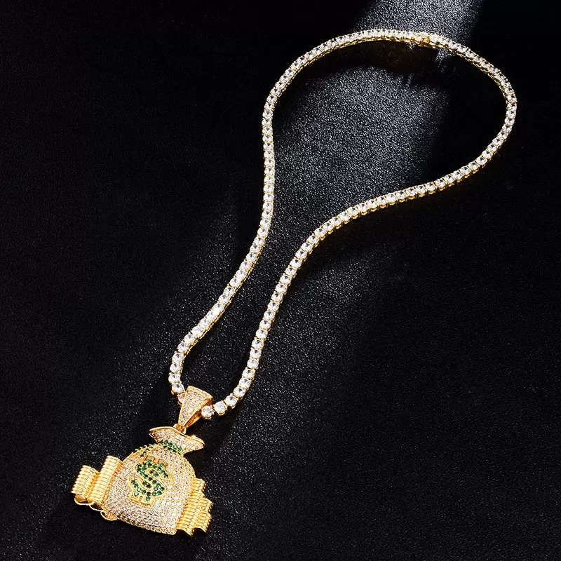 Cubic-Zirconia-Studded Money Bag Bling Hip-hop Pendant Necklace